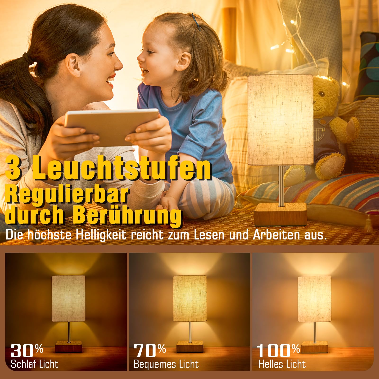 Jayencer Lampka nocna dotykowa, ściemniana, zestaw 2 sztuk, lampa stołowa, ściemniacz dotykowy, trzy poziomy jasności, abażur z tkaniny lnianej, lampa stołowa do sypialni, salonu, biura