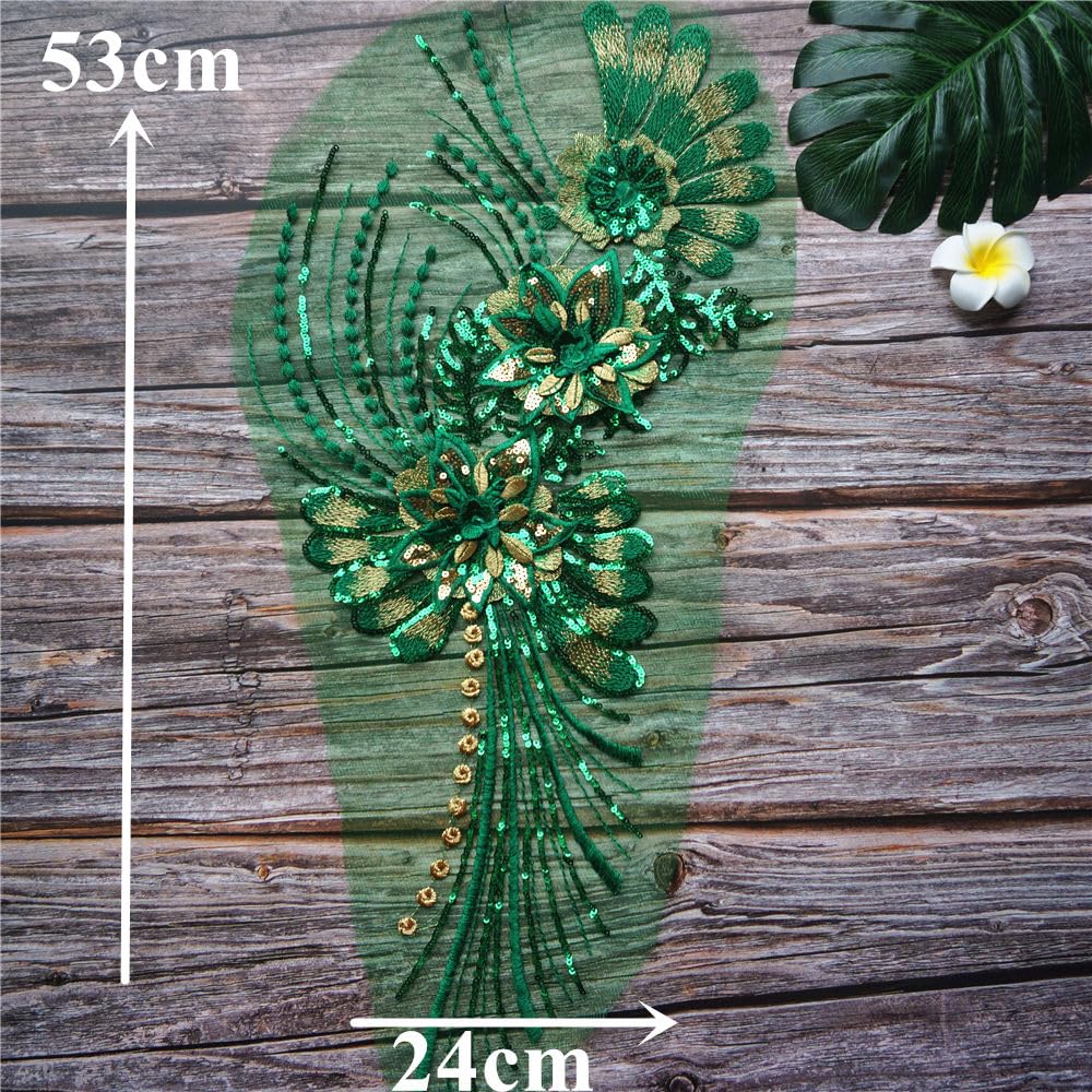 Applique In Pizzo Con Paillettes Verde Scuro - Fiore 3D Per Abiti Fai Da Te, Matrimoni E Decorazioni - Foto 9