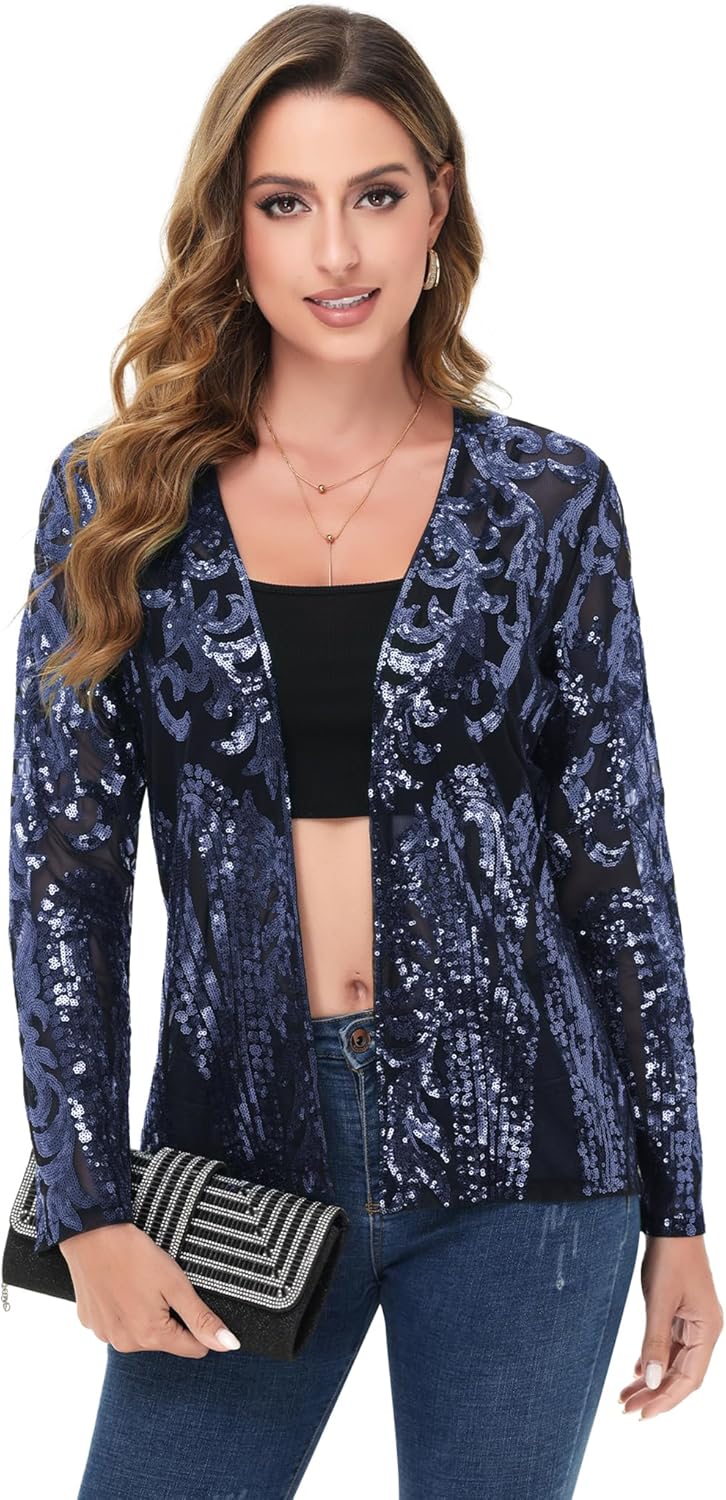 Anna-Kaci Women's Sparkly Sequin Cardigan Long Sleeve Open Front Glitter Party Evening Jacket - Image 4