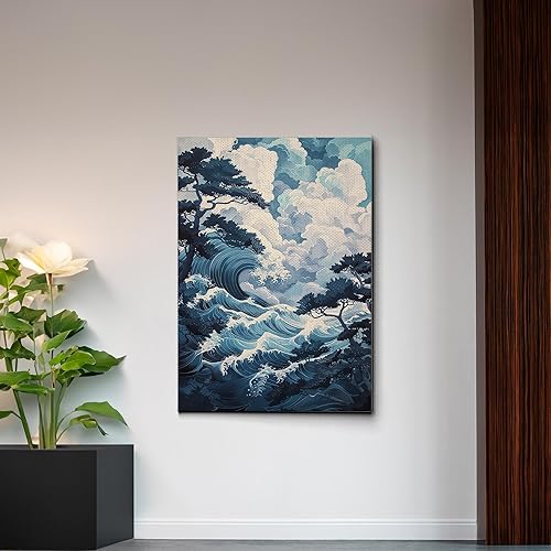 Miniatura 6 de Canvas Print Canvas Framed Canvas Wall Art Wood Panel Retro Wave Art A Storm Wall Art Print Sea Wave In The Night And Trees Stormy Waves Art Canvas
