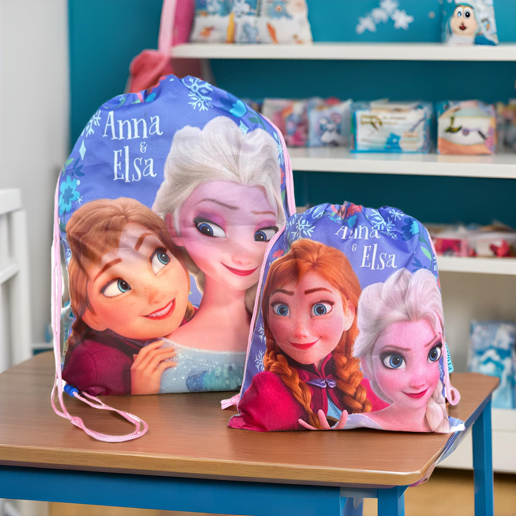 Superdiver Set di zaino sacca con cordoncini e borsa merenda Elsa e Anna Licenza Ufficiale Disney Frozen - Ideale per scuola e asilo - Accessorio moda bambina - Blu - 44x33 e 26x21 cm