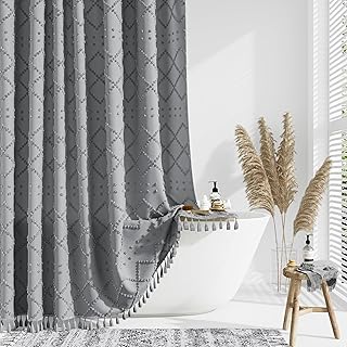 Dynamene Grey Fabric Shower Curtain, Boho Tufted Geometric Striped Tassel Shower Curtain for Bathroom, Shabby Chic Textured Modern Farmhouse Waterproof Cloth Shower Curtain Set, Wrinkle Free, 72x72
