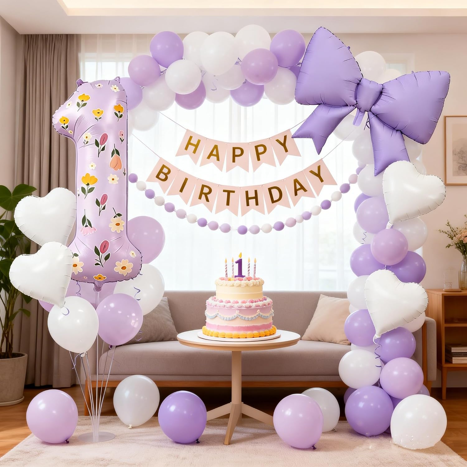 40inch Purple Number 1 Foil Balloon Set, Daisy Flower 1st Birthday Party Balloons Bow Heart-shaped Balloons for Girls’ First Princess Birthday Party Decorations Supplies (Light Purple Number 1)