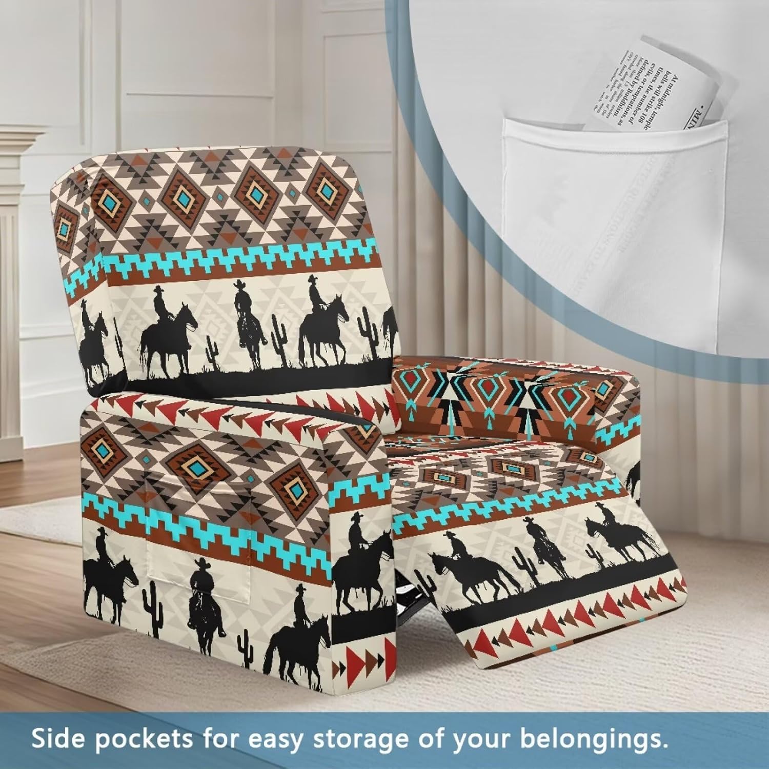 Western Horse Recliner Chair Covers Slipcovers Large Recliner Cover 4-Piece Floral Slipcovers Stretchy Waterproof Furniture Protector with Pockets Elastic Bottom Pet Safe Living Room