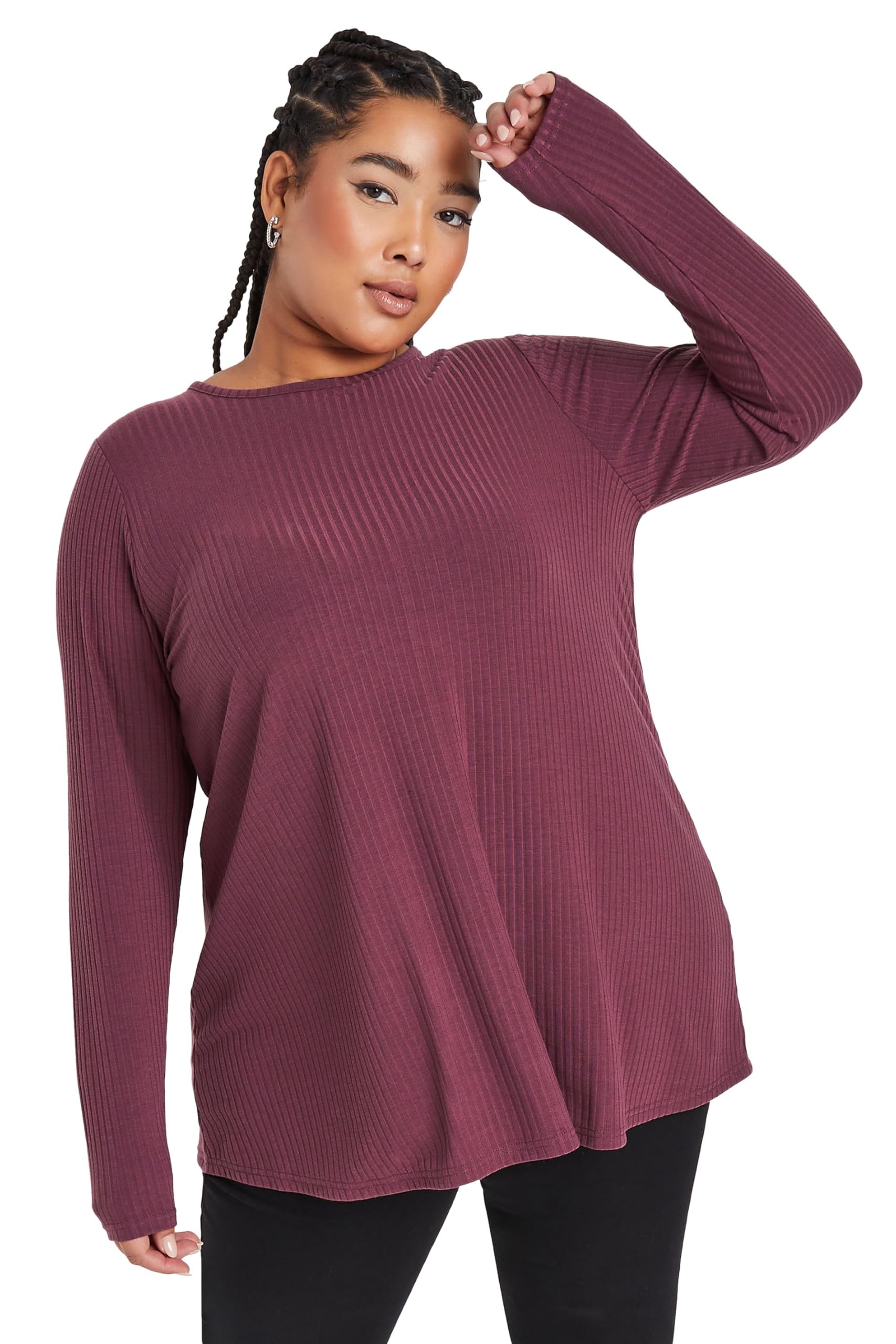 Yours Women's Purple Curve Long Sleeve Ribbed Swing Top - Plus Curve 30-32 Plus