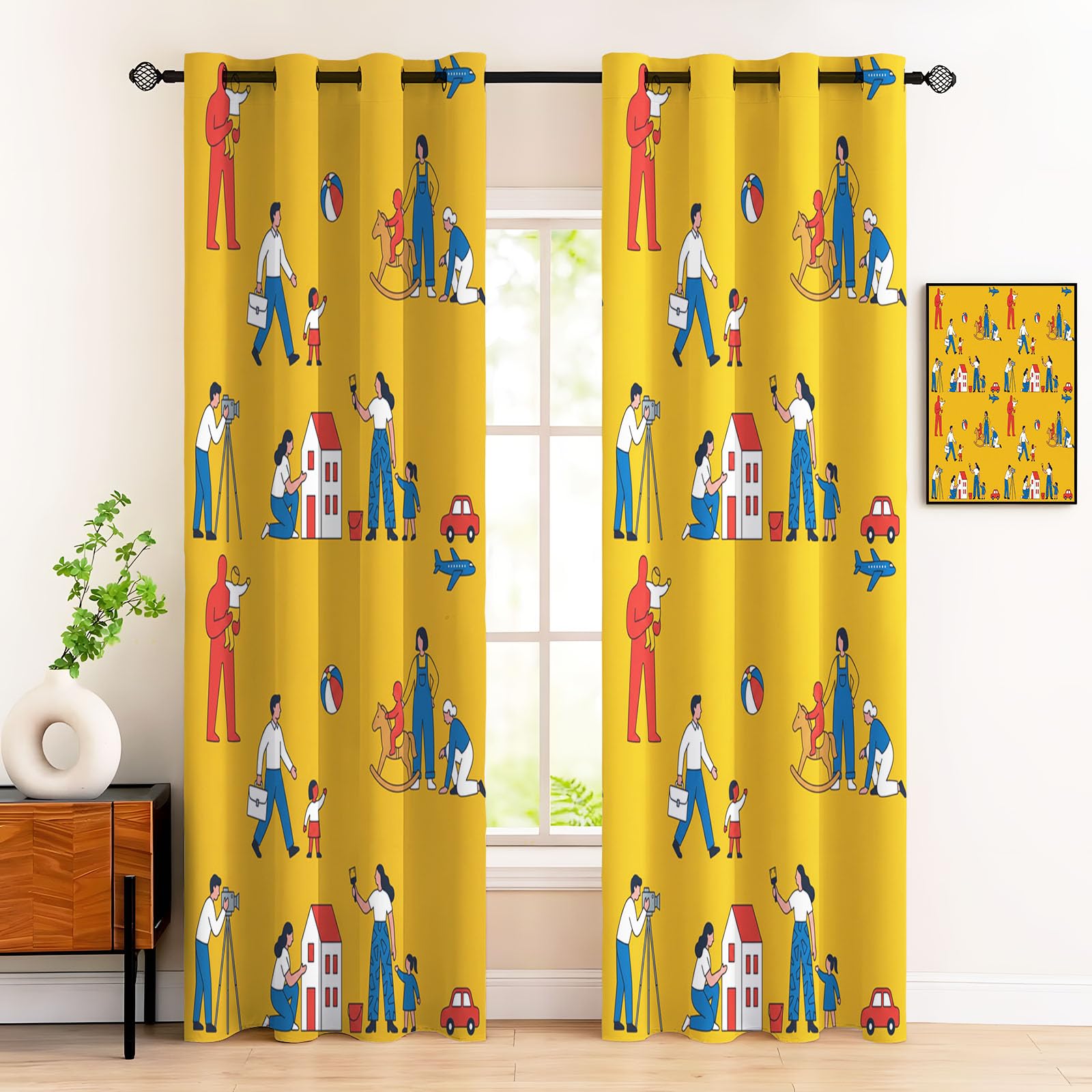 Rideau Occultant Vie Famille Dessin Animé Thermiques Anti Froid, 140x175cm Rideaux Fenêtre Opaque Jeux Parents-Enfants à Oeillets Anti UV Intérieurs Decoration Dressing Salon Chambre Maison, Jaune
