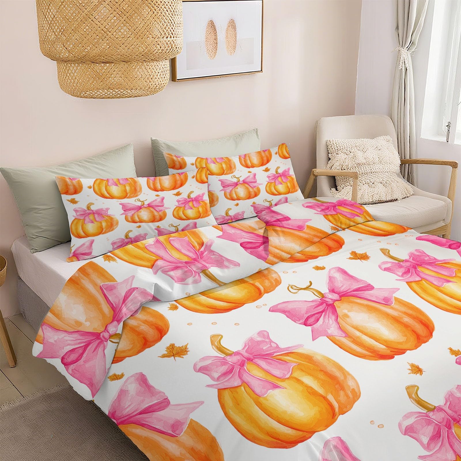 Zestaw pościeli akwarela styl dynia z kokardką, poszewka na kołdrę z mikrofibry rozmiar king size 230 x 220 cm dwustronna poszewka na kołdrę łatwa pielęgnacja łóżko miękkie przytulne zestawy pościeli