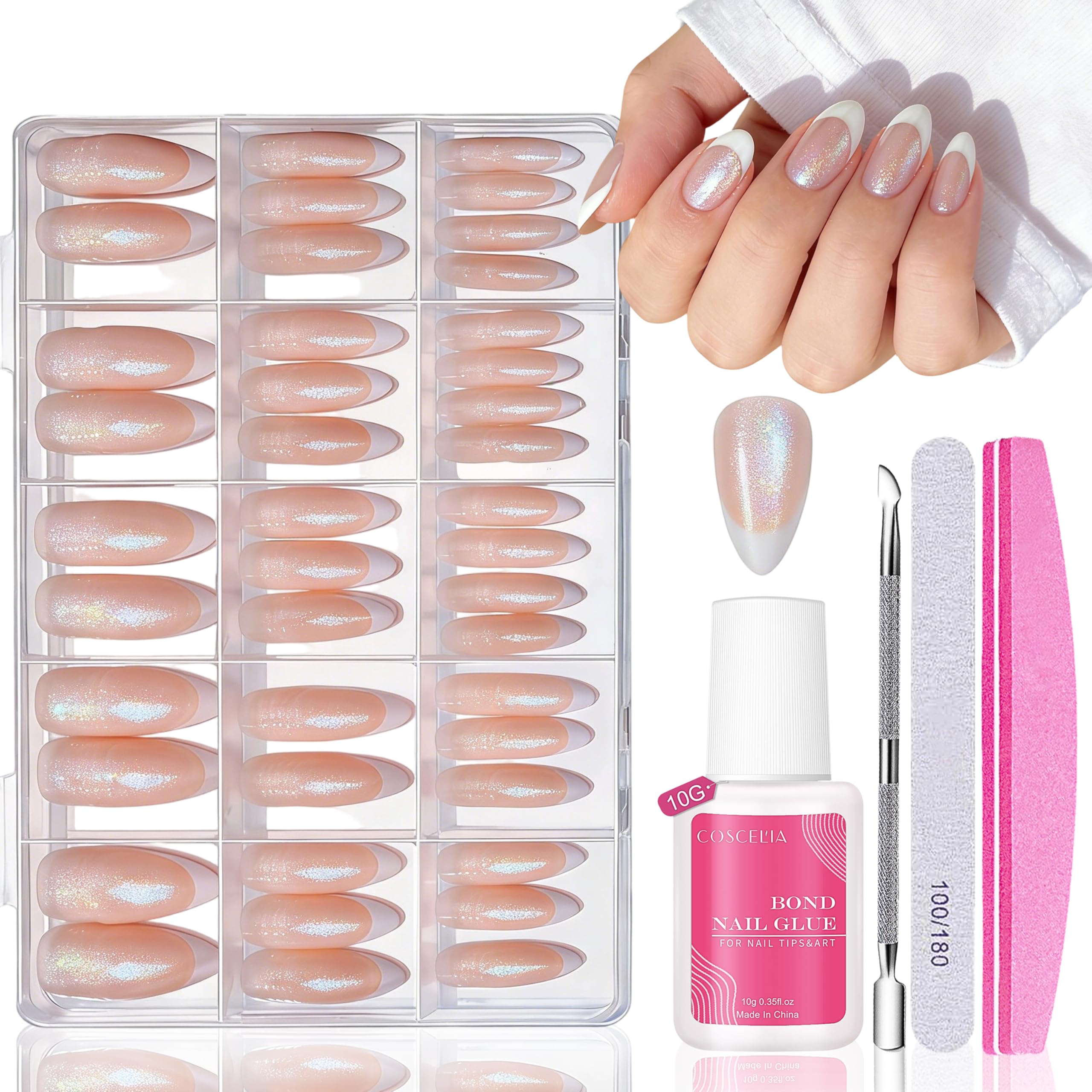 Nagel Tips Set - 240 Stück Glitzer French Tip Press On Nails - Falsche Nägel Zum Aufkleben Almond - Full Cover Fake Nails soft gel Natürliches & Angenehmes Tragegefühl