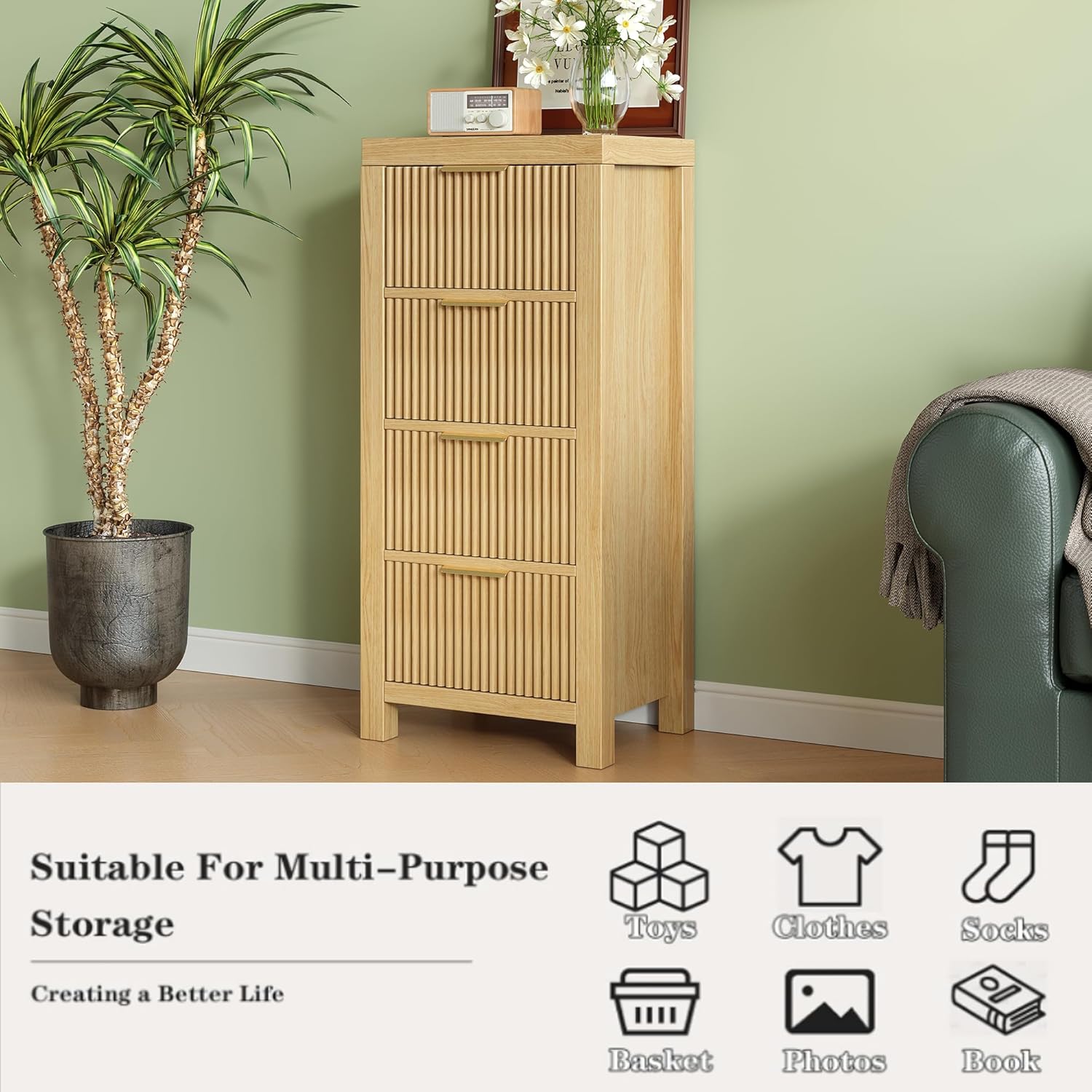 Mid-Century Modern Tall Wooden Dresser with 4 Spacious Drawers, Entryway Storage Chest with Smooth Metal Handles, Bedroom Clothes Organizer for Entryway, Office, and Small Spaces, Natural