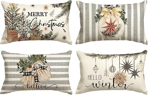 Miniatura 12 de AVOIN colorlife - Juego de 4 fundas de cojín con diseño de bolas de Navidad, hojas de eucalipto, bayas de acebo y guantes, con rayas rojas para