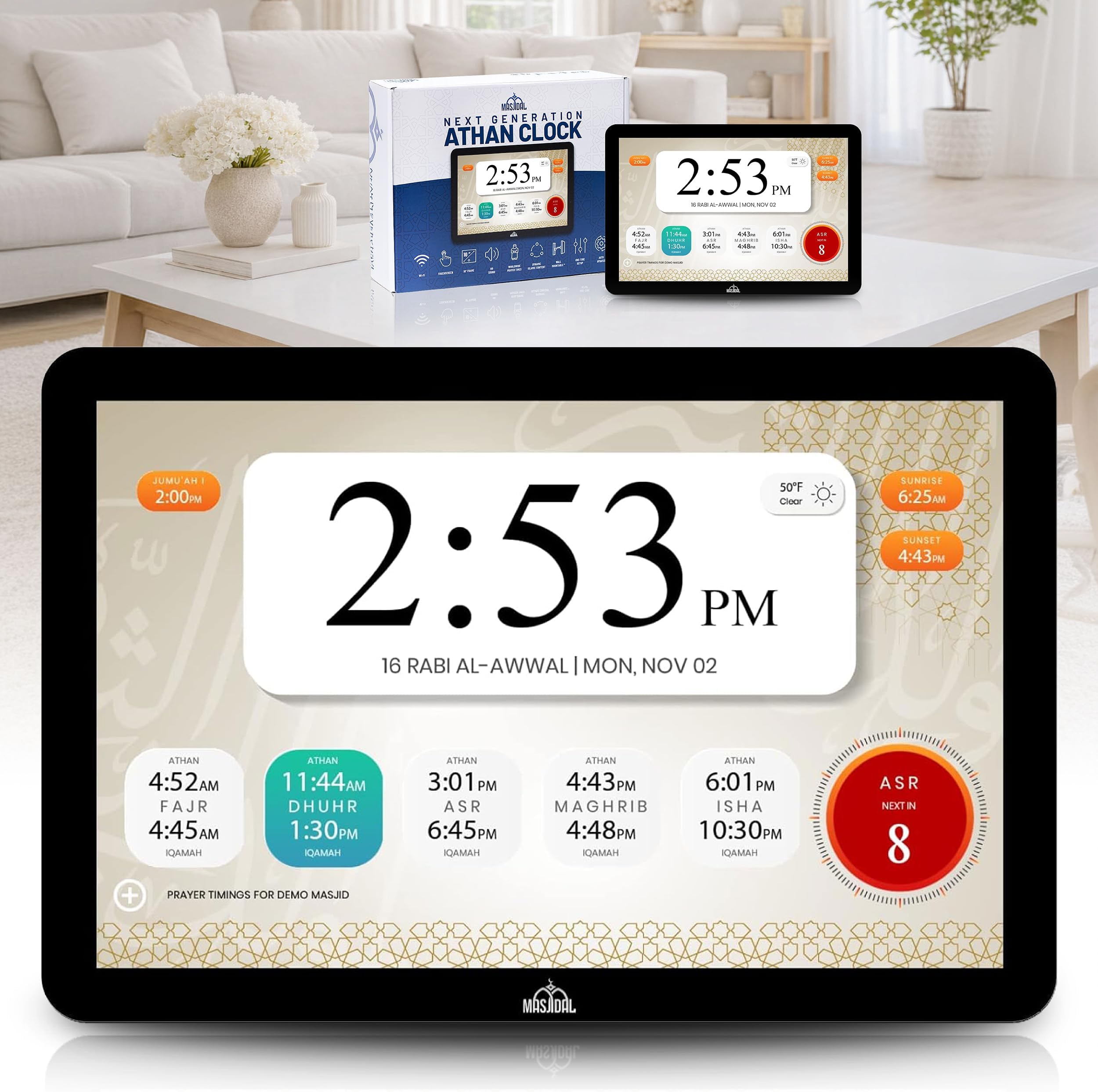 Masjidal 10" Smart WiFi Digital Azan Clock & Islamic Prayer Frame – Automatic Worldwide Prayer & Iqamah Times, Full Quran Player, Athan Alarm, Ramadan Clock, Touchscreen Muslim Home Display, Black