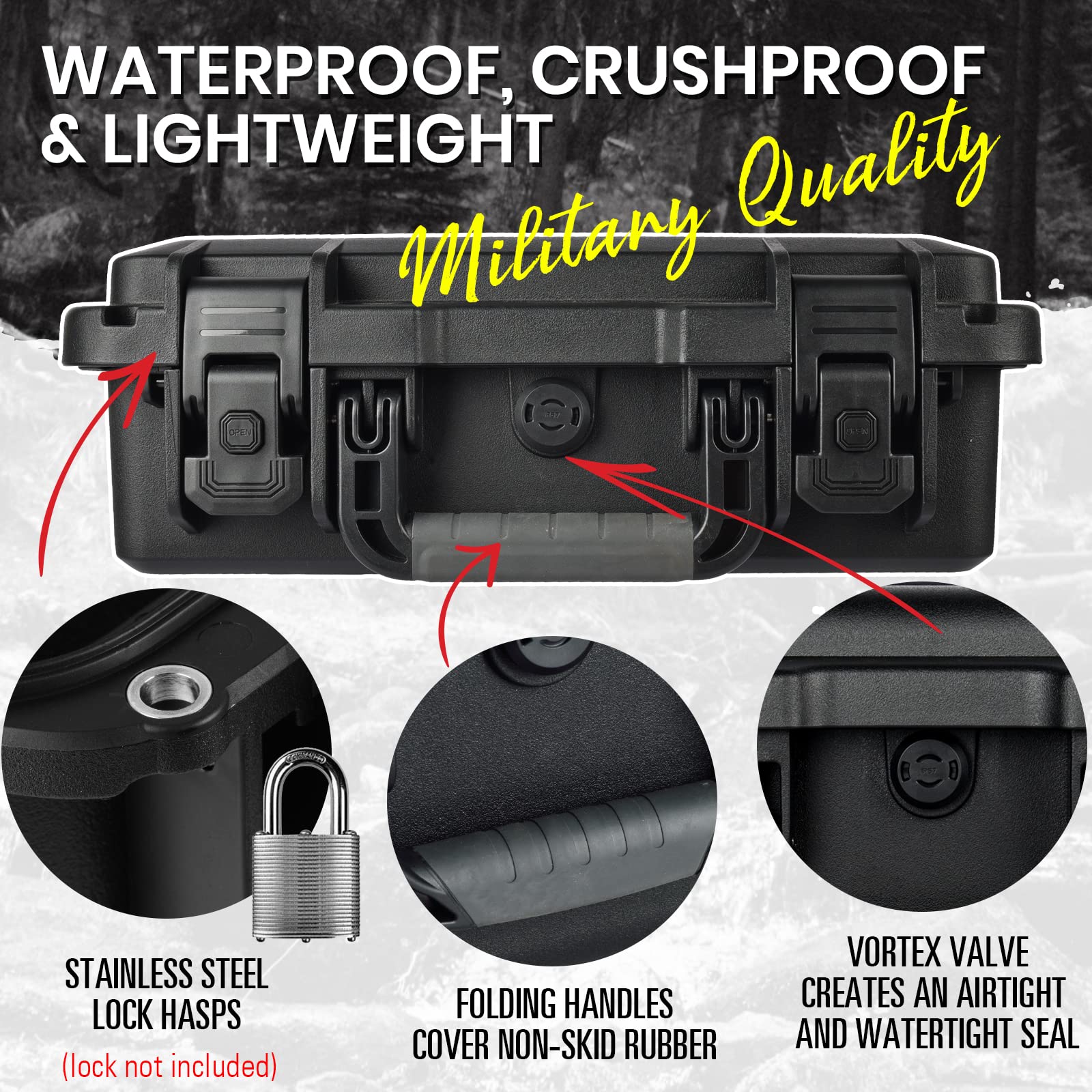 Caja protectora para cámara impermeable de 41.5x34.5x15.2 cm, resistente a prueba de golpes, portátil, con espuma insertada personalizable para drones, pistolas, lente negro