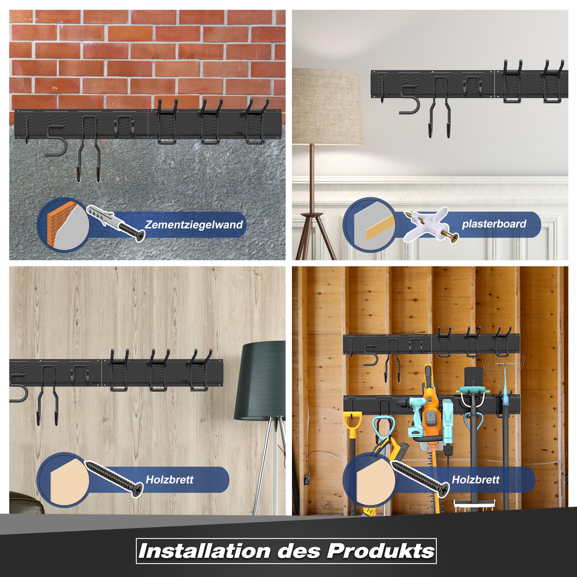 Sttoraboks Werkzeug-Wandregal, verstellbar Wandhalterungen für Garage und Garten mit 8 Haken & 3 Schienen, Hochbelastbares Werkzeugregal bis 204kg, für Garage, Garten, Ski, Besen, Rechen