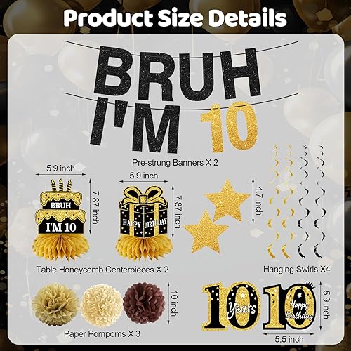 Miniatura 2 de 11 piezas de decoración de cumpleaños número 10 para niños y niñas, pancarta de feliz cumpleaños número 10 en negro y dorado con texto en inglés