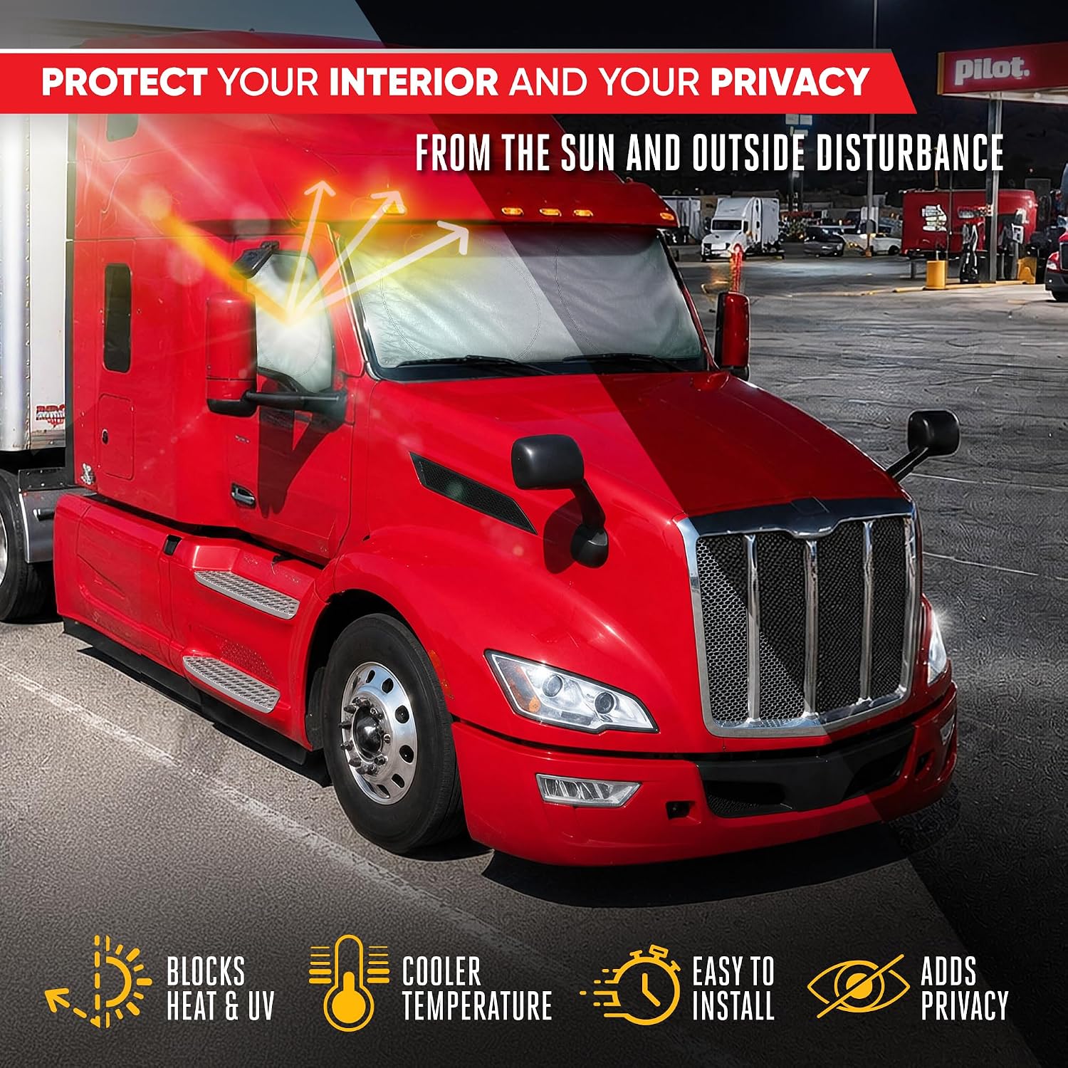 Motor Trend Semi Truck Windshield Sunshade Wrap Around Privacy Cover - Windshield Sun Shade for 18-Wheeler, Commercial Truck Sunshade, Big Rig Window Shades, Long-Haul Freight Trucker Accessories