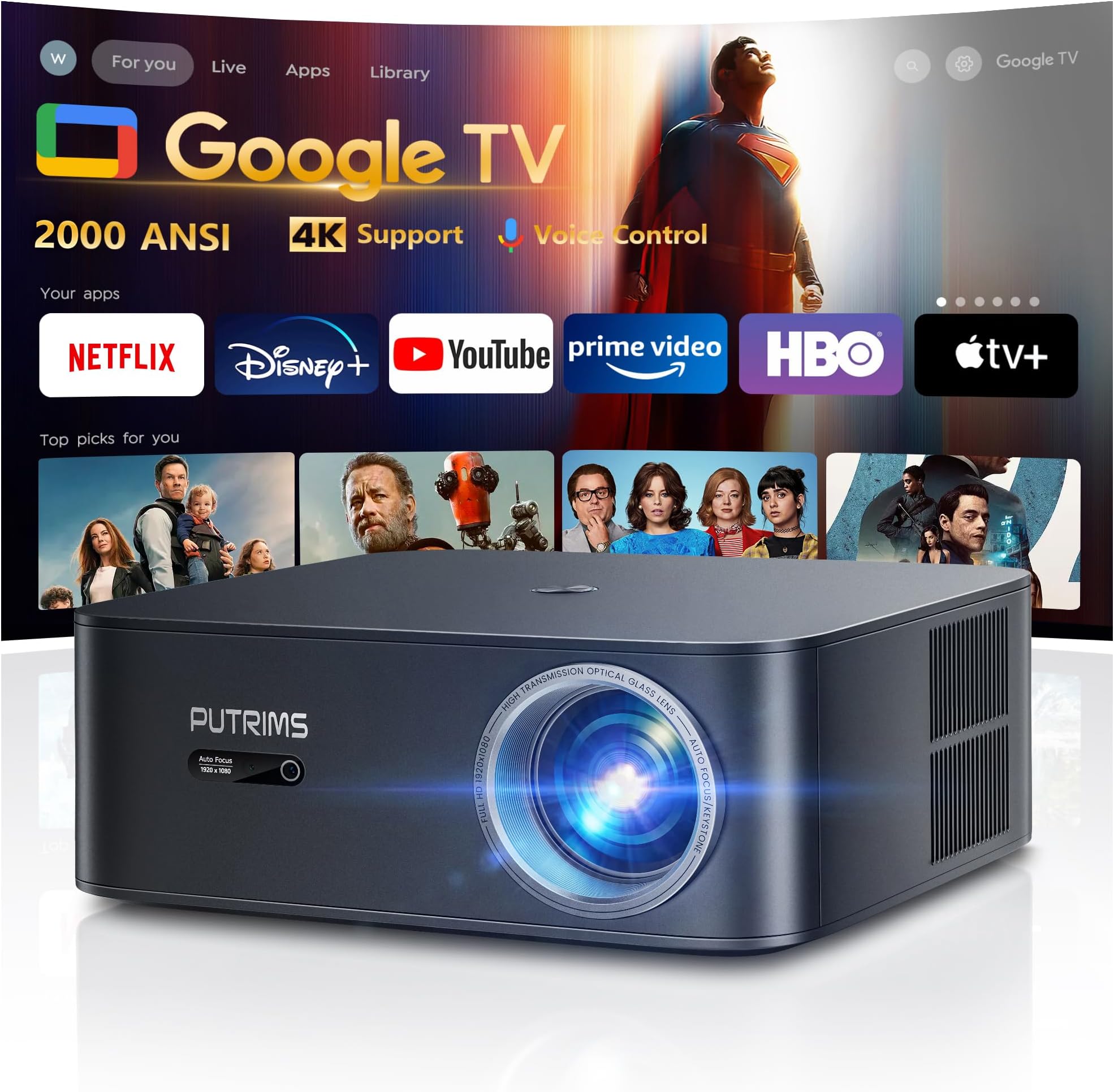 PUTRIMS [1000 ANSI/Google TV] Smart Projector with WiFi 6 and Bluetooth, Support 4K Netflix Licensed, Outdoor Movie Projector, Ceiling Auto Focus Projector