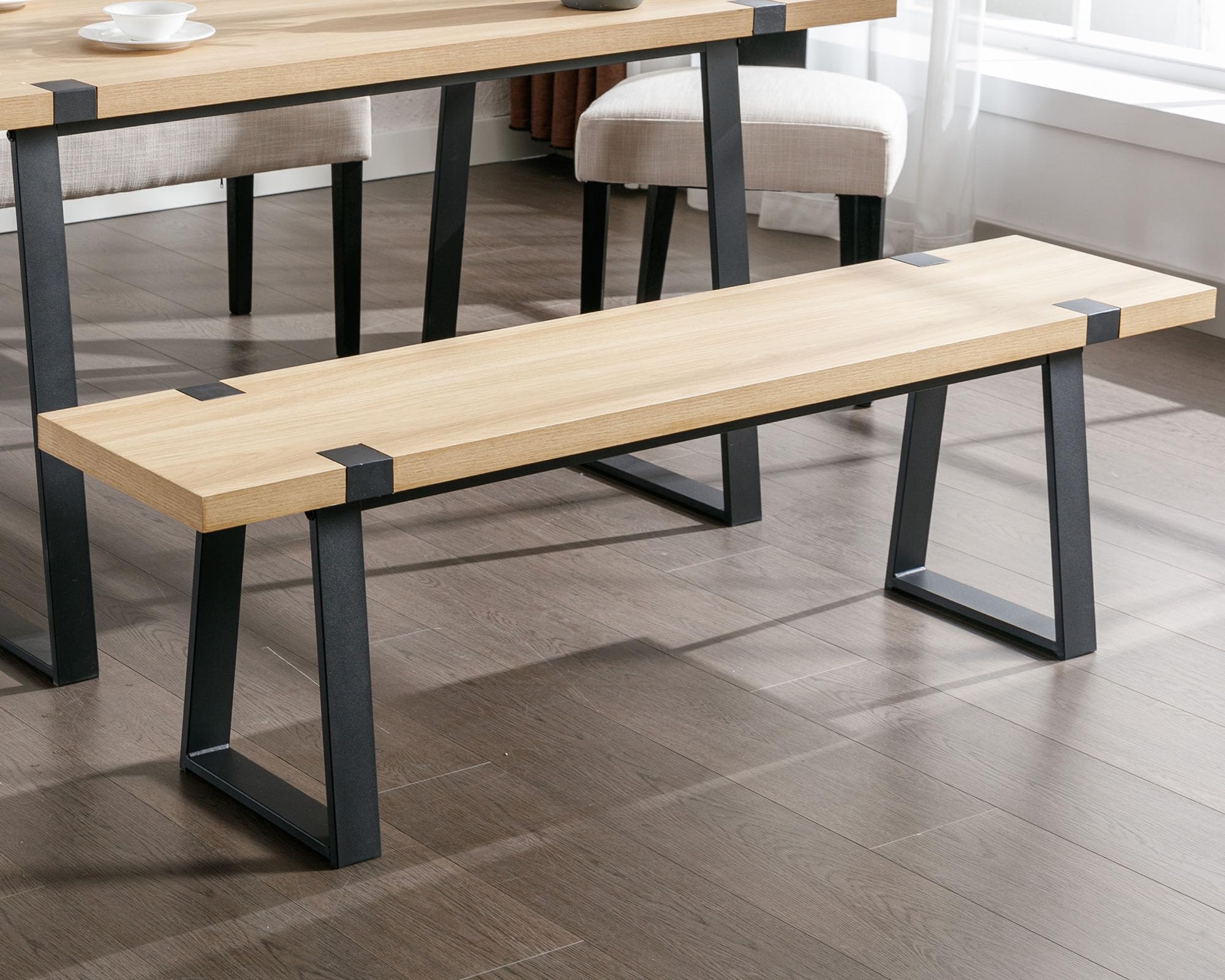 60" Wood Dining Bench with Black Metal Legs for Dining Room, Kitchen, Natural Oak