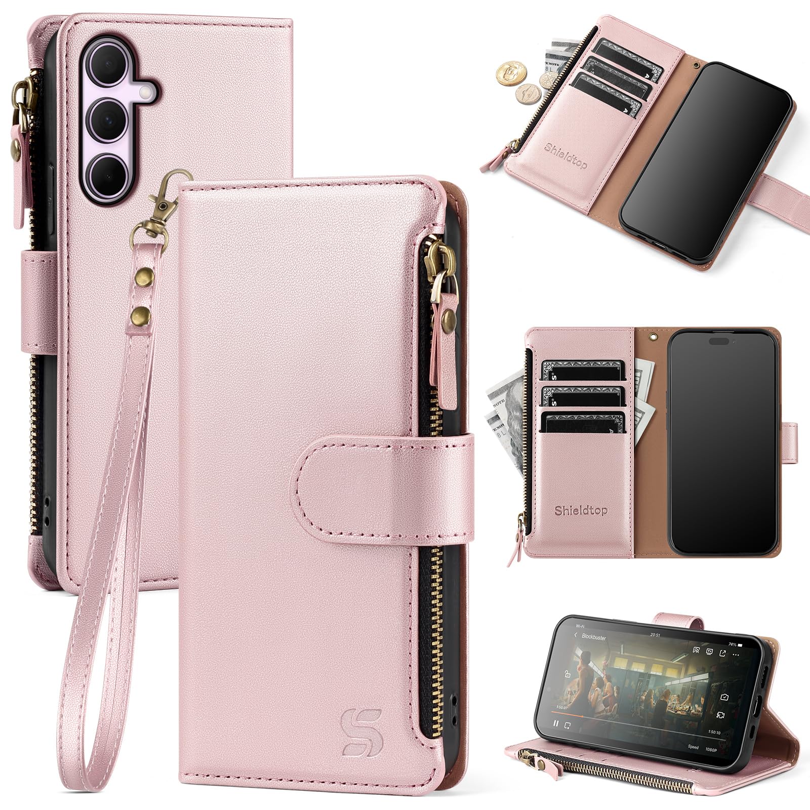 Shieldtop Compatible with Samsung Galaxy A35 5G Wallet Case with Card Holder,PU Leather Phone Case Flip Protective Cover Wrist Strap Zipper Pocket