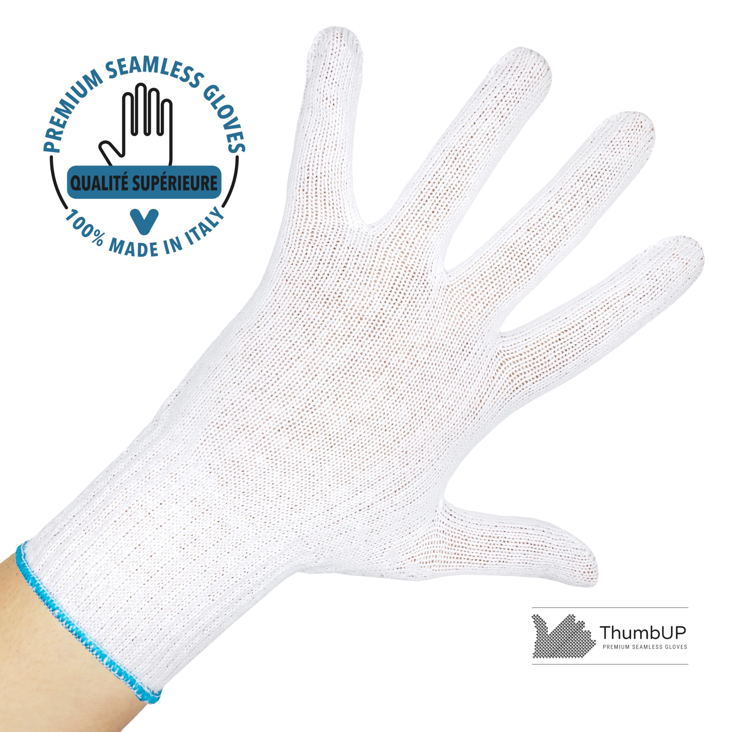 ThumbUP - Supersoft - 12 paires de Gants de travail, 100% coton doux, durables, sans couture, gants dermatologiques, pour peau sensible, poignets élastiques, lavables, Candid White, taille L