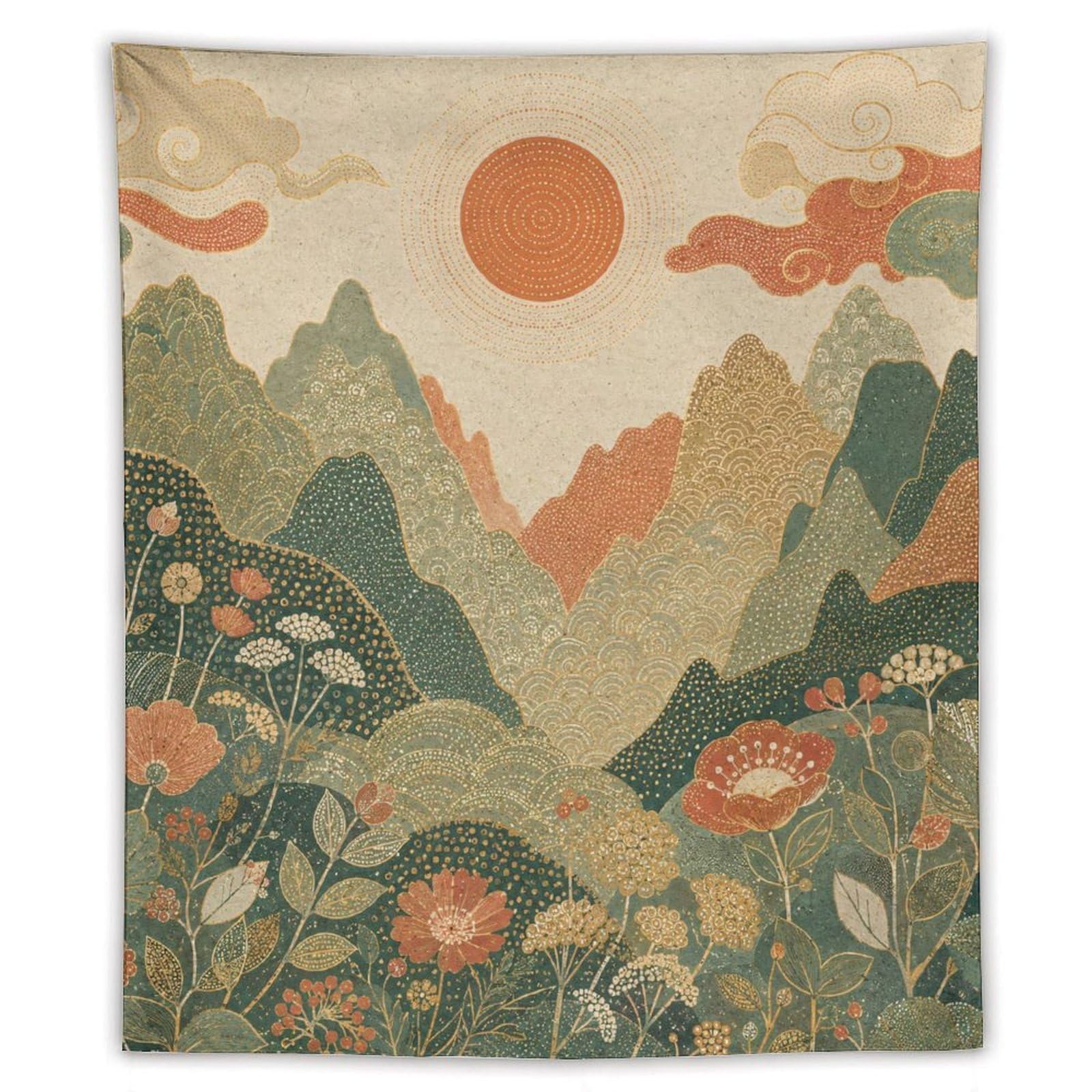 Mountain Garden Sunrise Wall Tapestry, Impressionist Style, Bedroom