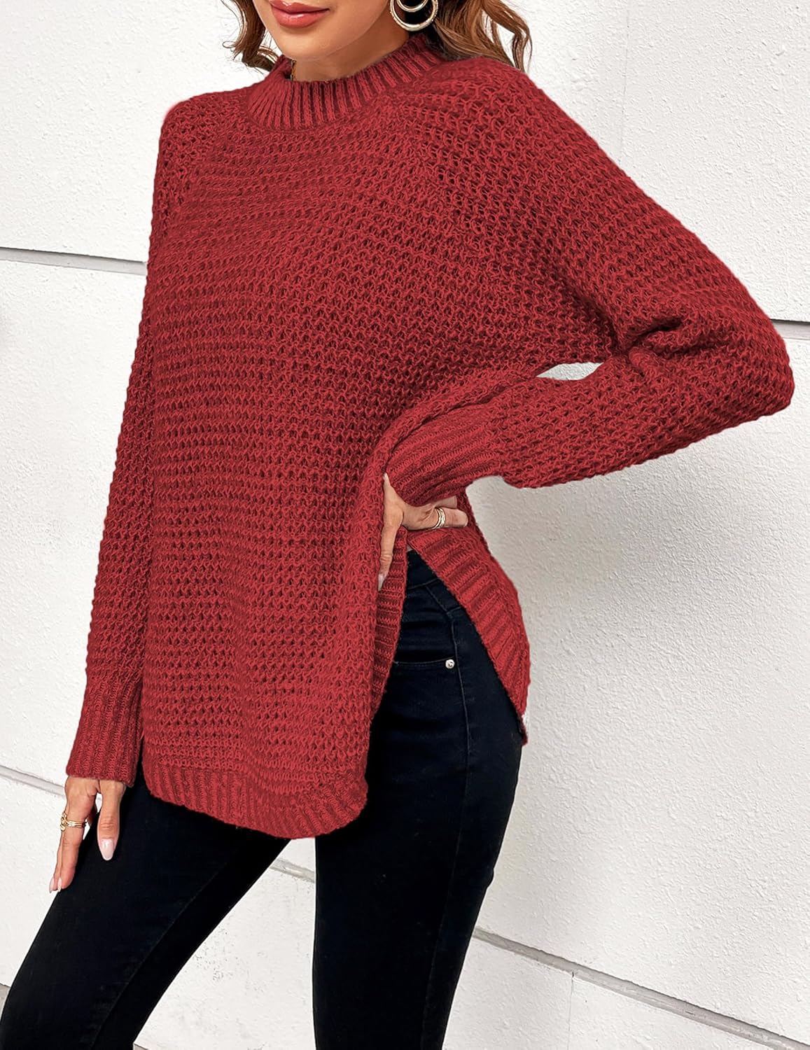 Womens Chunky Waffle Knit Sweater Fall 2025 Trendy Dressy Casual Crewneck Pullover Sweaters - Image 5