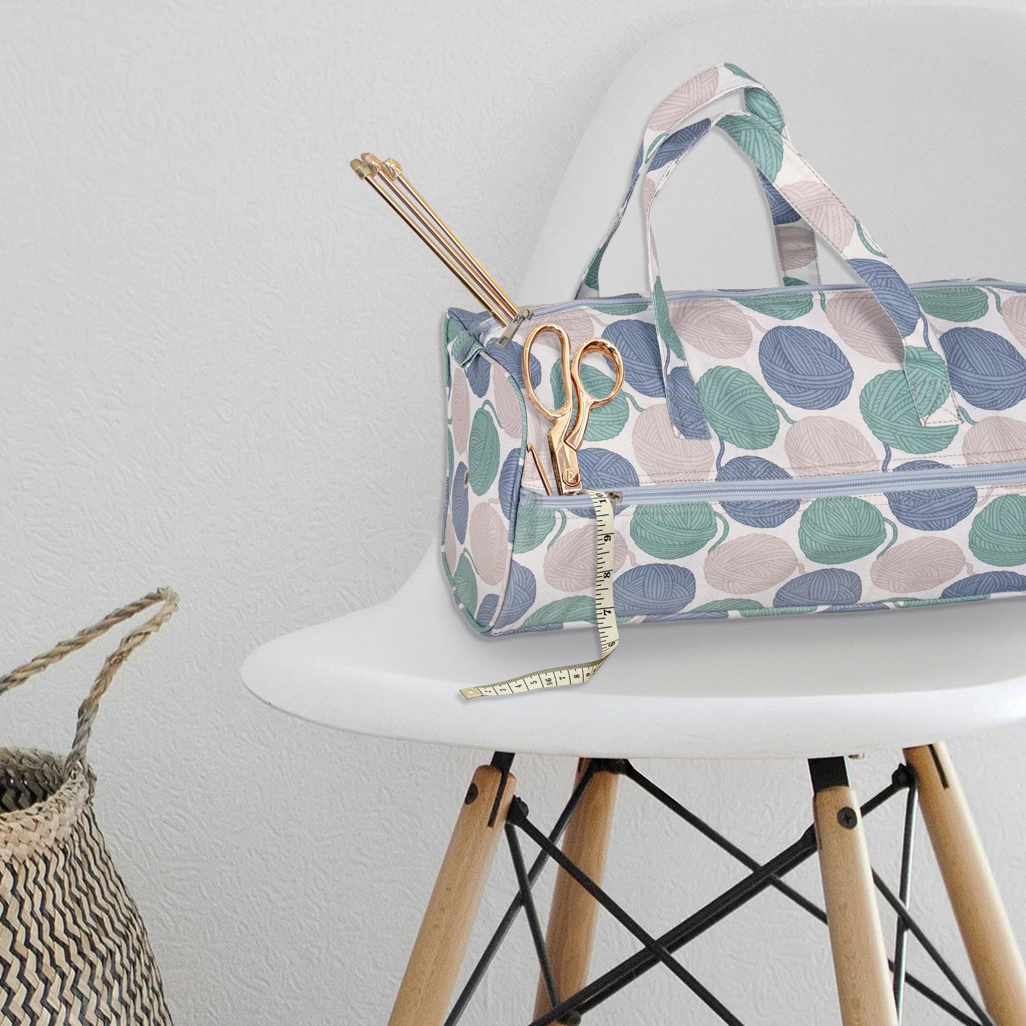 Sac De Rangement Tricot - Multi-poches - 35,6x14x30cm - Pour Pelotes, Crochets, Accessoires - Bleu