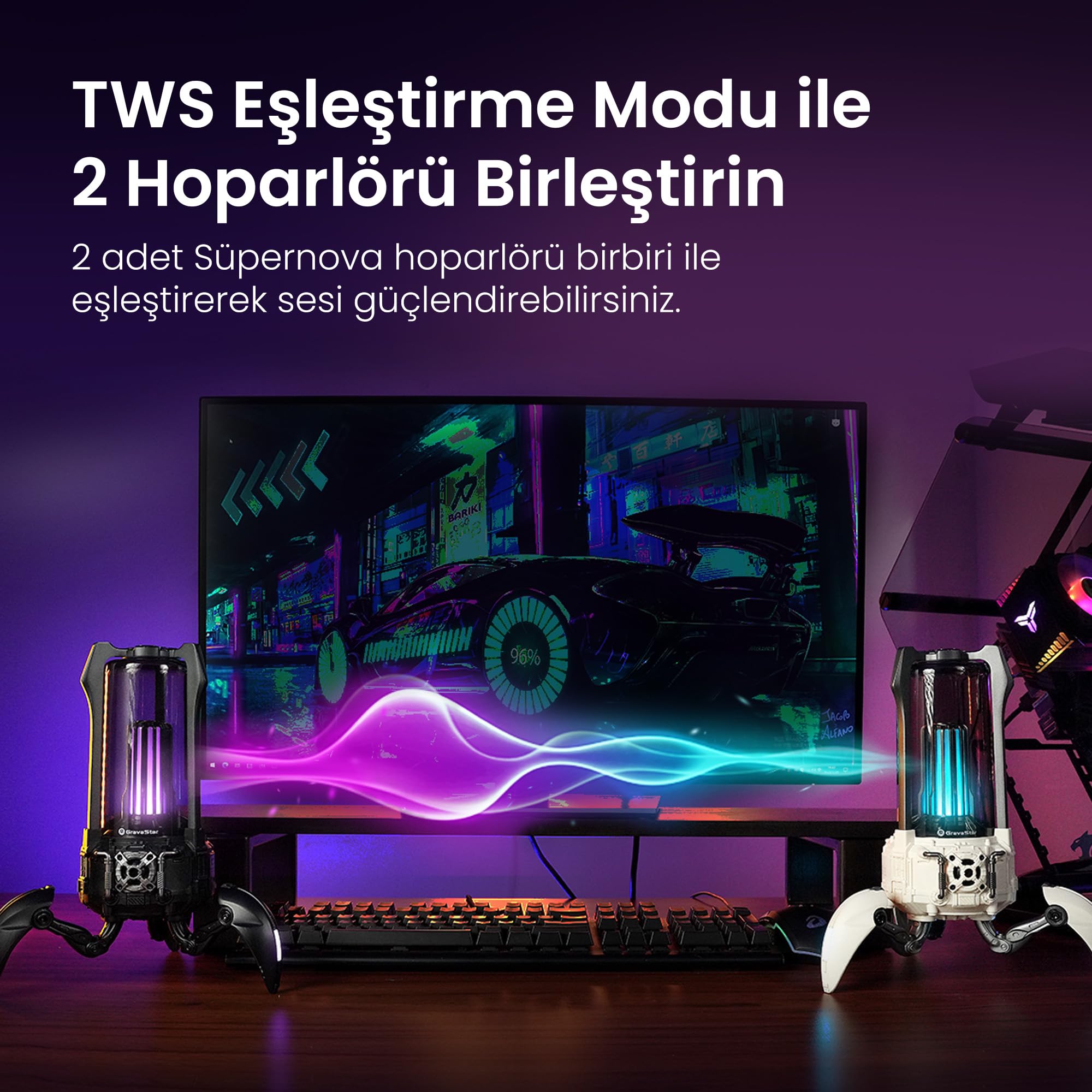 Gravastar Süpernova 25W Bluetooth Hoparlör, Taşınabilir Stereo Ses Bombası, RGB Işıklı, 2 Adet (Siyah)