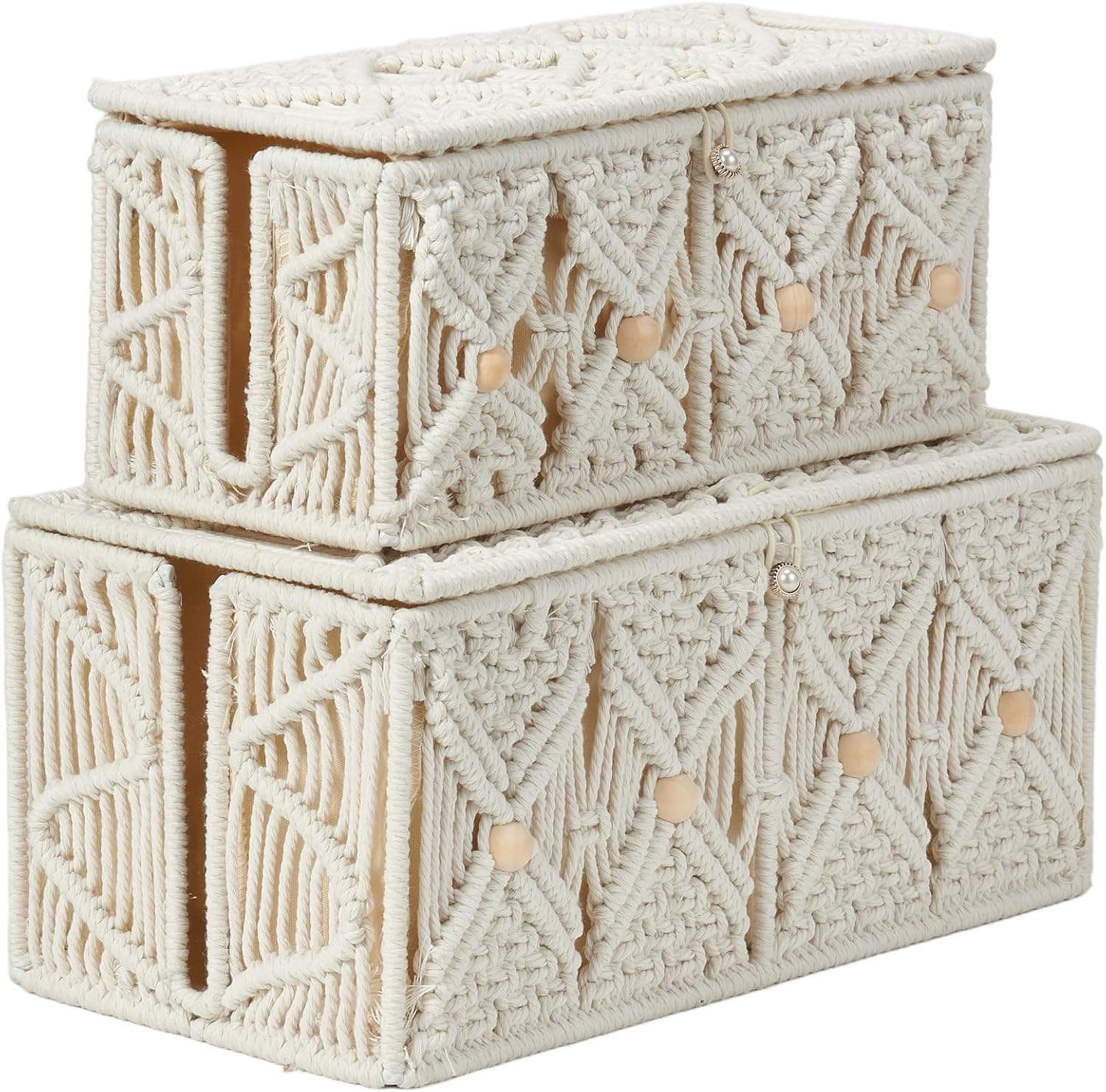 Cable Management Box Handmade Macrame Cord Storage Organizer Power Strips Outlet Router Adapter TV Wire Hider Cover Under Desk Natural Cotton Rope Woven Boxes with Lid (Off White, Medium)