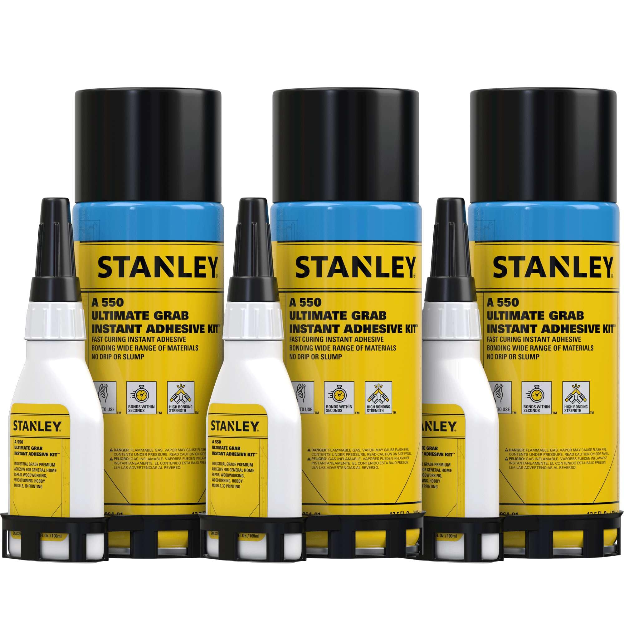 STANLEY CA Glue with Activator Set, Cyanoacrylate Super Glue (3x3.4oz) and Accelerator Spray (3x13.5oz), Super Fast Glue for Ceramic, Tile, Marble,