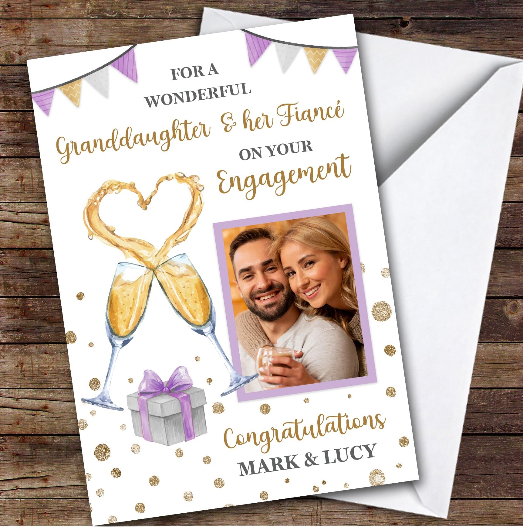 Personalised Engagement Card For Granddaughter And Her Fiance Photo Champagne | Custom Greetings Card For Engagement Any Text Inside & Out