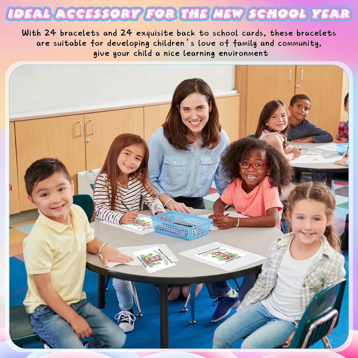 XunYee 24 Sets Back to School Gifts for Student Include Our Class Is a Family Greeting Card and First Day of School Bracelet with Bags Letter Bracelet for 1st Day of Classroom (Fifth Grade)
