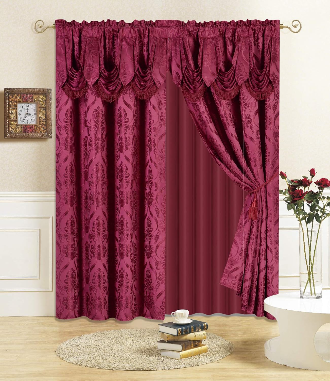 All American Collection New 4 Piece Drape Set with Attached Valance and Sheer with 2 Tie Backs Included (84" Length, Burgundy)