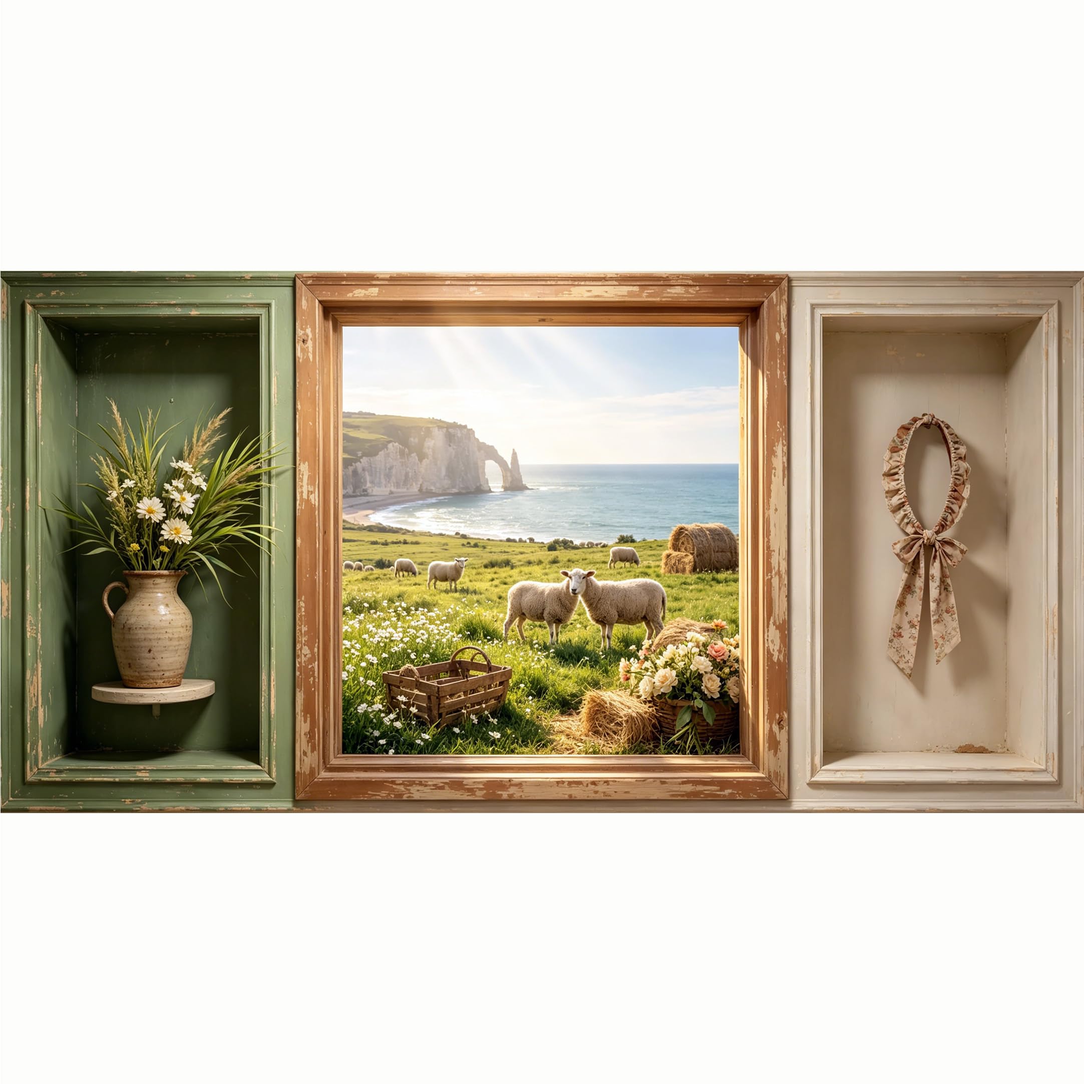 QZLITHOTIC 50x100cm 3D Framed Wall Art， Coastal Farmhouse Sheep Meadow Landscape Trompe l'oeil Self‑Adhesive Mural， Water‑Activated Peel & Stick Fabric Decor Wall Decal for Bedroom Living Room