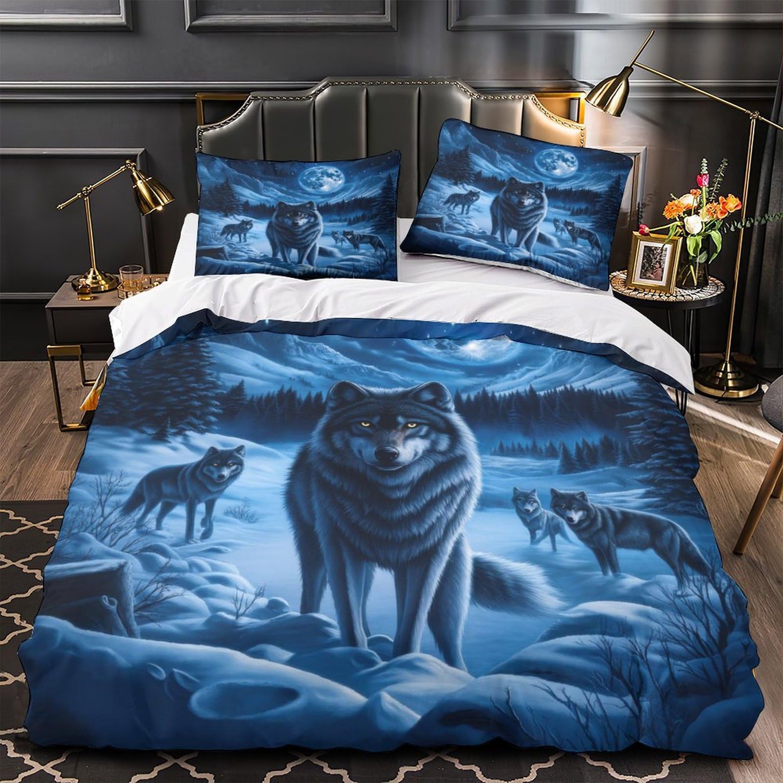 Parure de lit loup 140x200cm en microfibre avec housse de couette imprimée 3D
