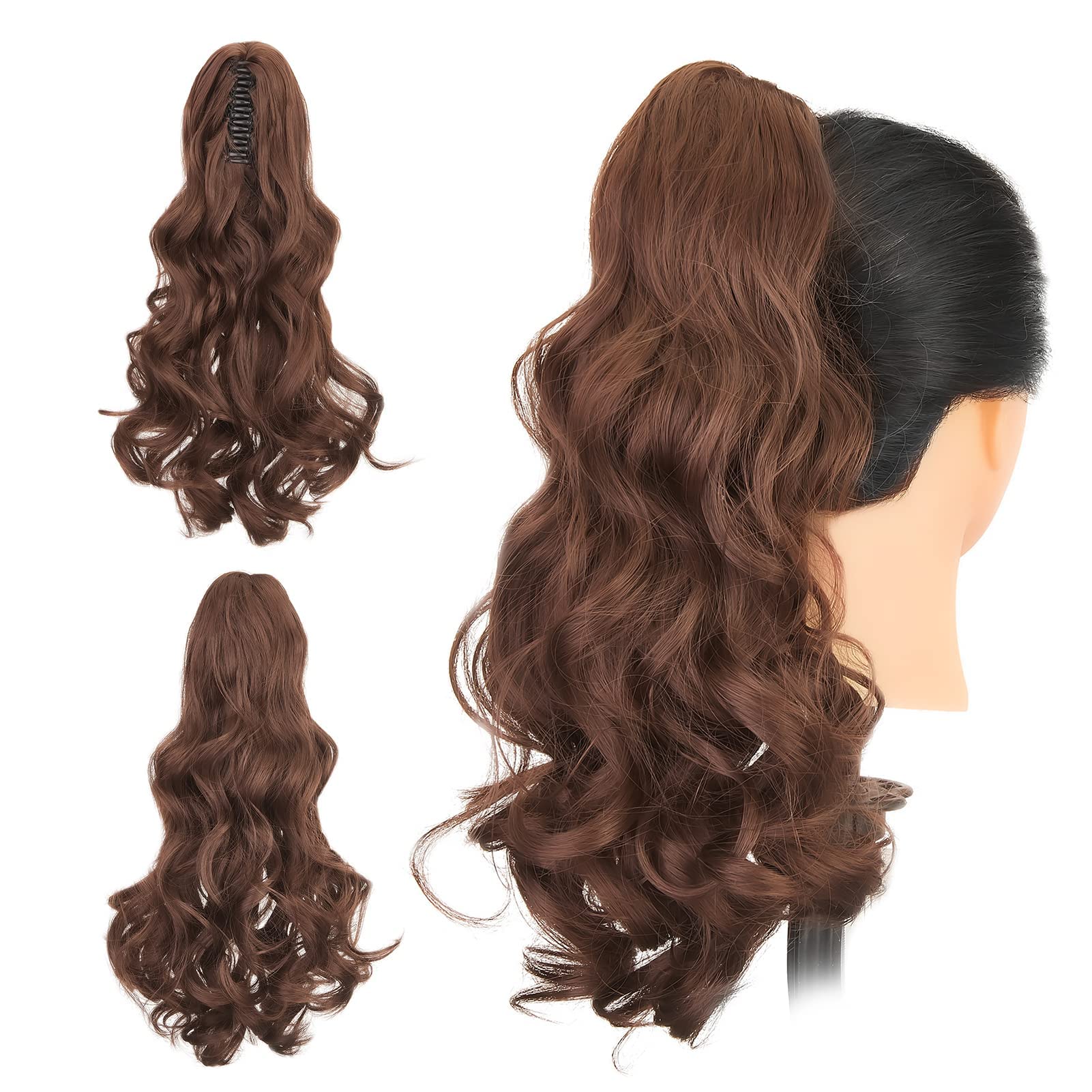 Gairyan Coda Capelli Extension Mesciate Posticci per Capelli Sintetici Coda di Cavallo con Pinza Claw Ponytail Extension Coda Capelli Ricci Mossi Ondulati Lunghi 45cm, Marrone scuro & Auburn Scuro