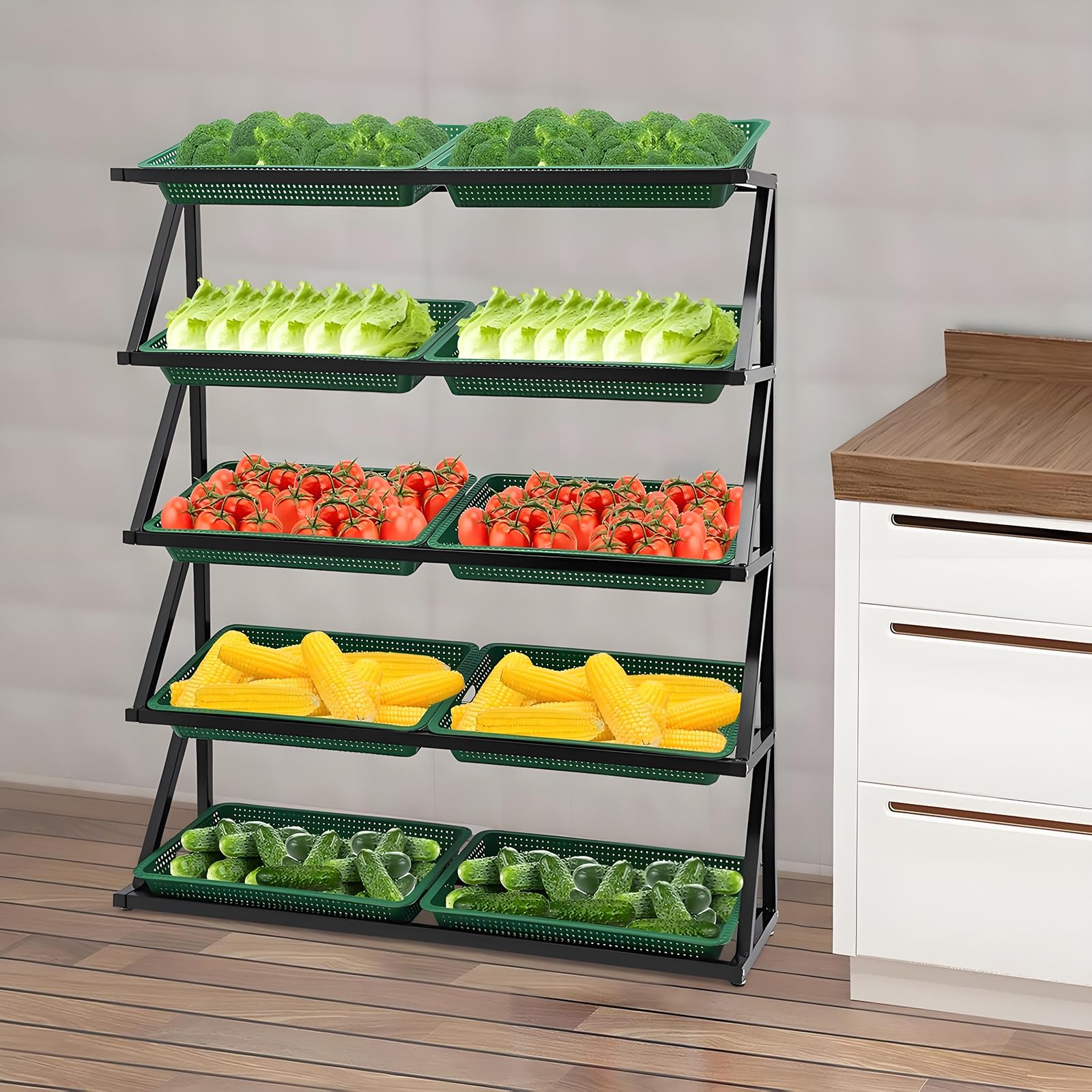 Organizador de frutas y verduras para cocina, estante resistente de 4 niveles con cestas