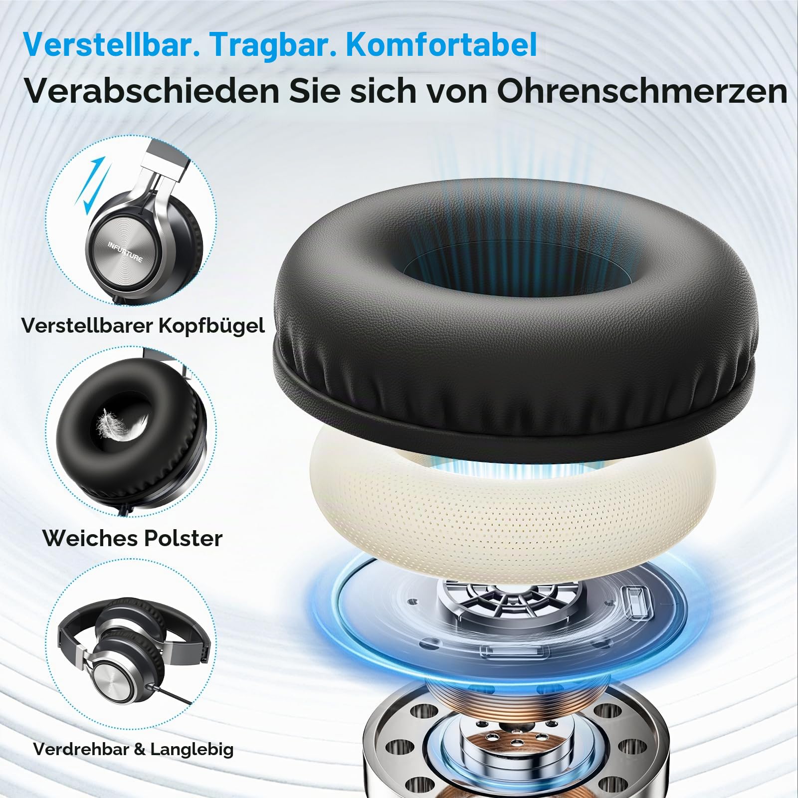 INFURTURE USB C Kopfhörer mit Mikrofon und Lautstärkeregler, Faltbare Kopfhörer Over Ear, Leicht Kopfhörer für Schule/Reisen/Zoom-Meetings/Online-Kurse/Sport/iPhone 17/16/15,Technikgeschenke - Schwarz