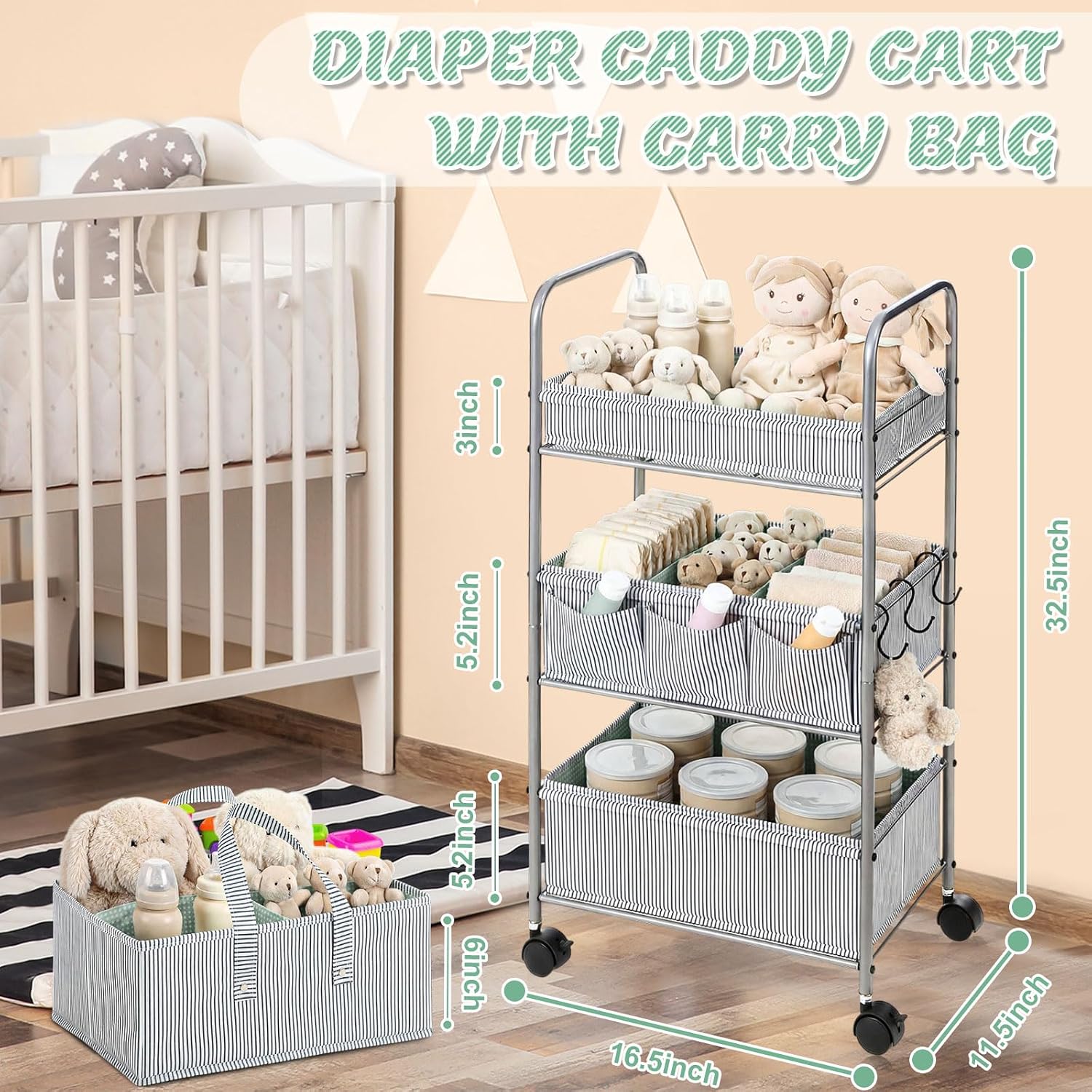 WILLBOND 2 in 1 Baby Diaper Caddy Organizer Cart, 3 Tier Large Stripe Bedside Rolling Cart Metal for Baby Essential with Divider for Newborn Registry Must Have Nursery Bedroom Mother Gift(Green)