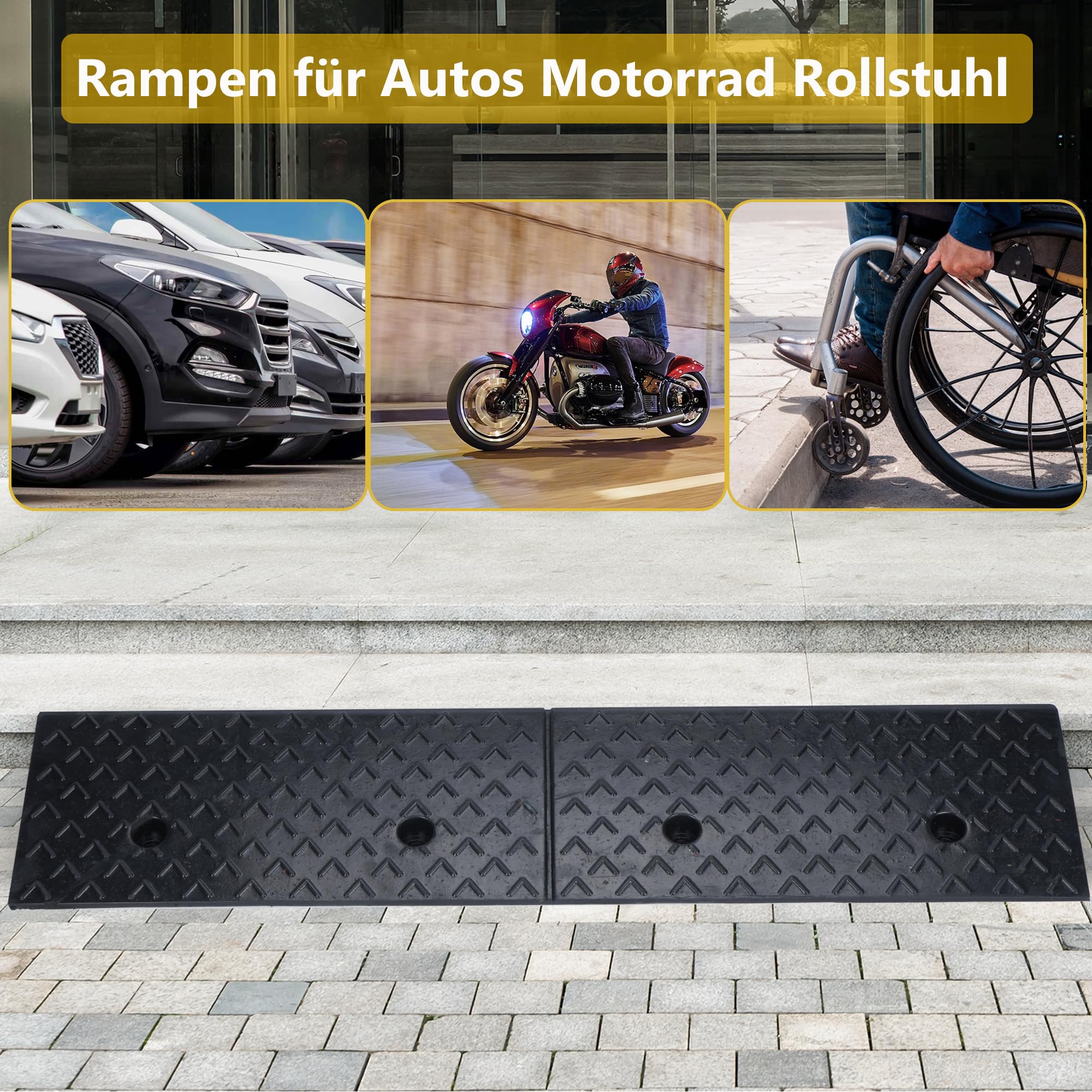 Rampa de goma para bordillos de 5 cm, rampa de umbral de puerta, rampa de acceso 100 x 25 x 5 cm, rampa para coche o moto, silla de ruedas, rampa de goma con kit de fijación