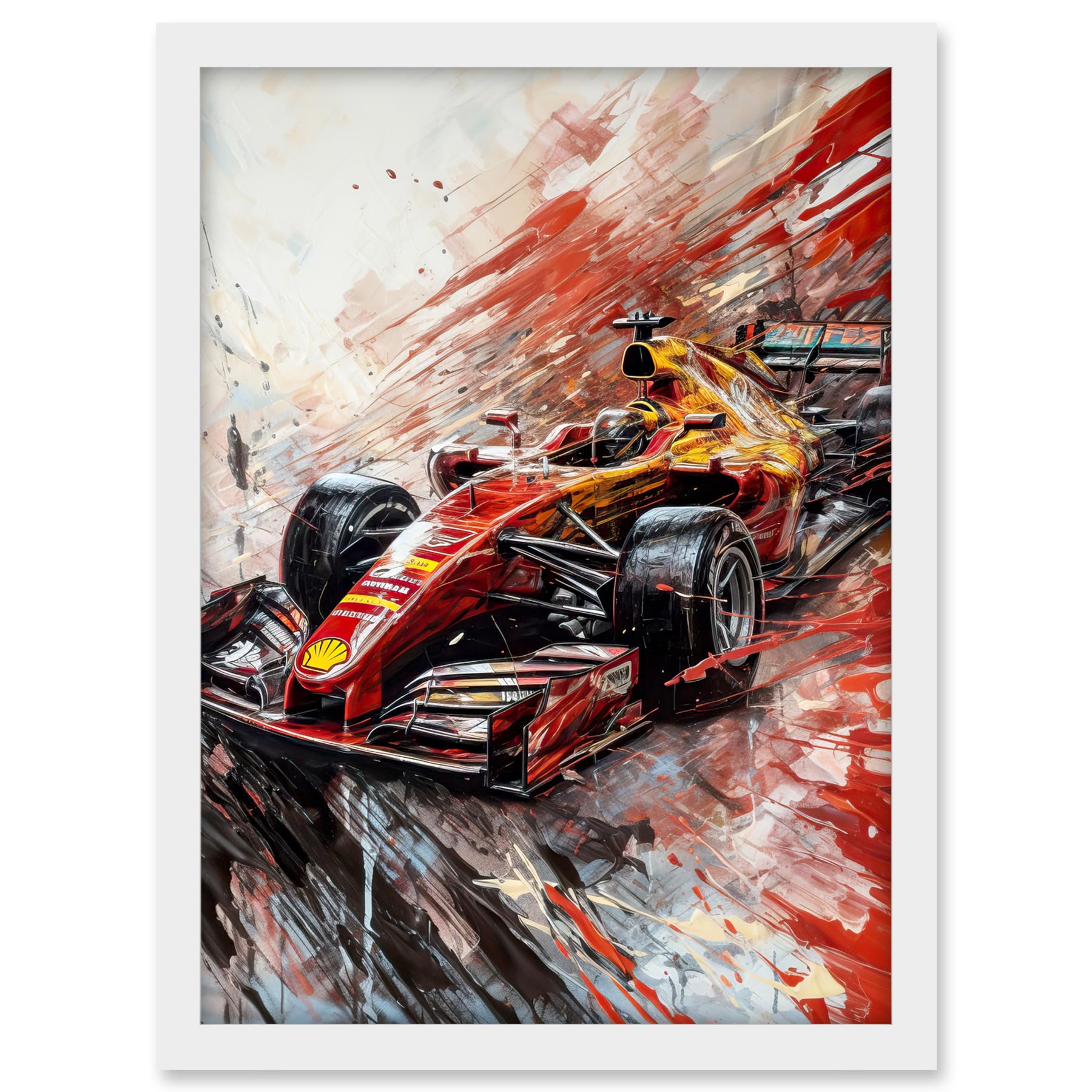 Artery8 Grand Prix Red Race Car Action Shot Paint Splat Artwork Framed A3 Wall Art Print