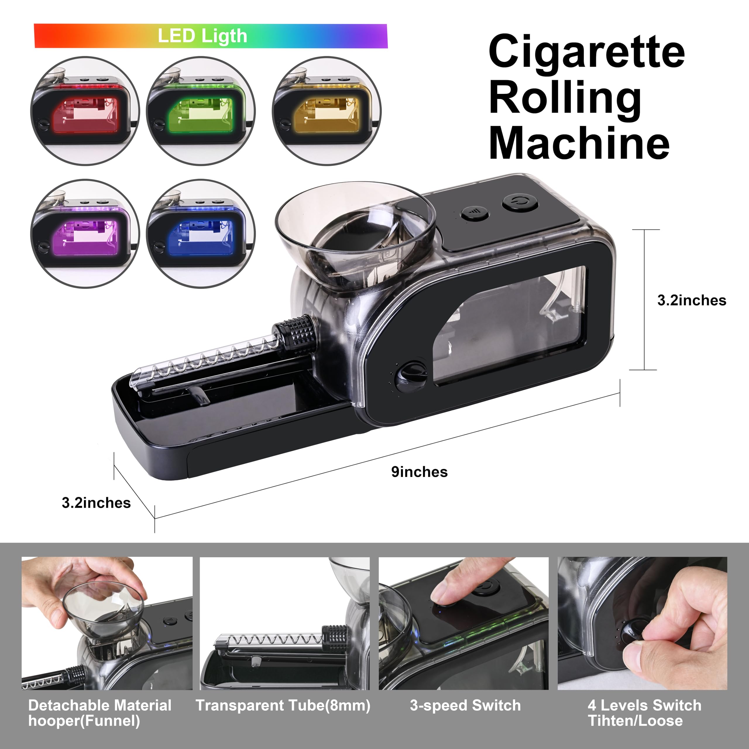 Set di macchine per rollare sigarette con smerigliatrice manuale, rullo automatico trasparente con luce LED, smerigliatrice portatile per sigarette da 8 mm e cartine