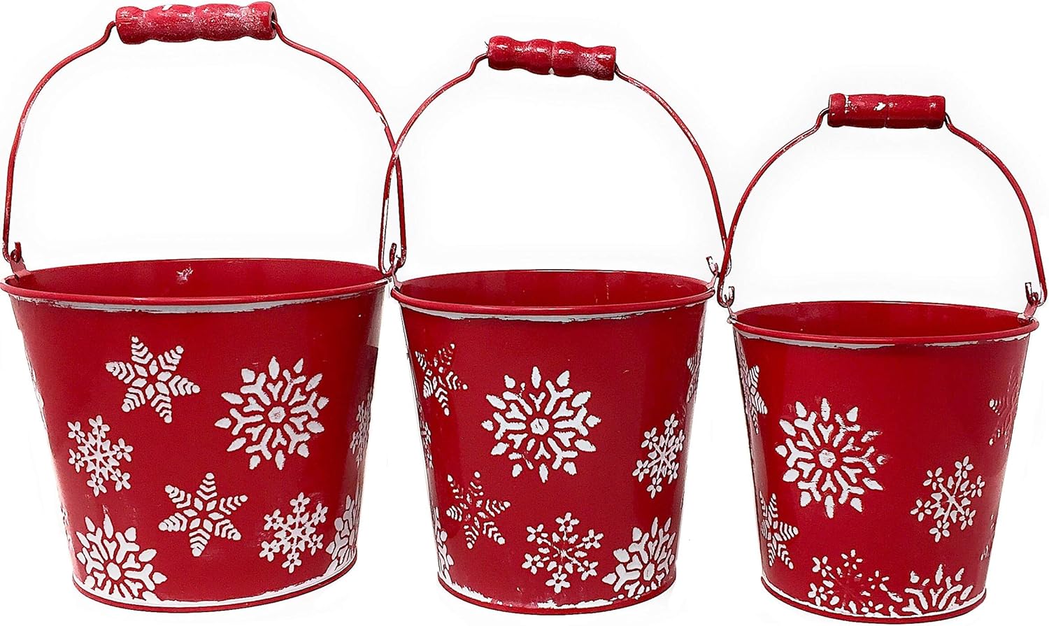 Christmas Holiday Buckets Tin Metal Set Red White Snowflake Decor