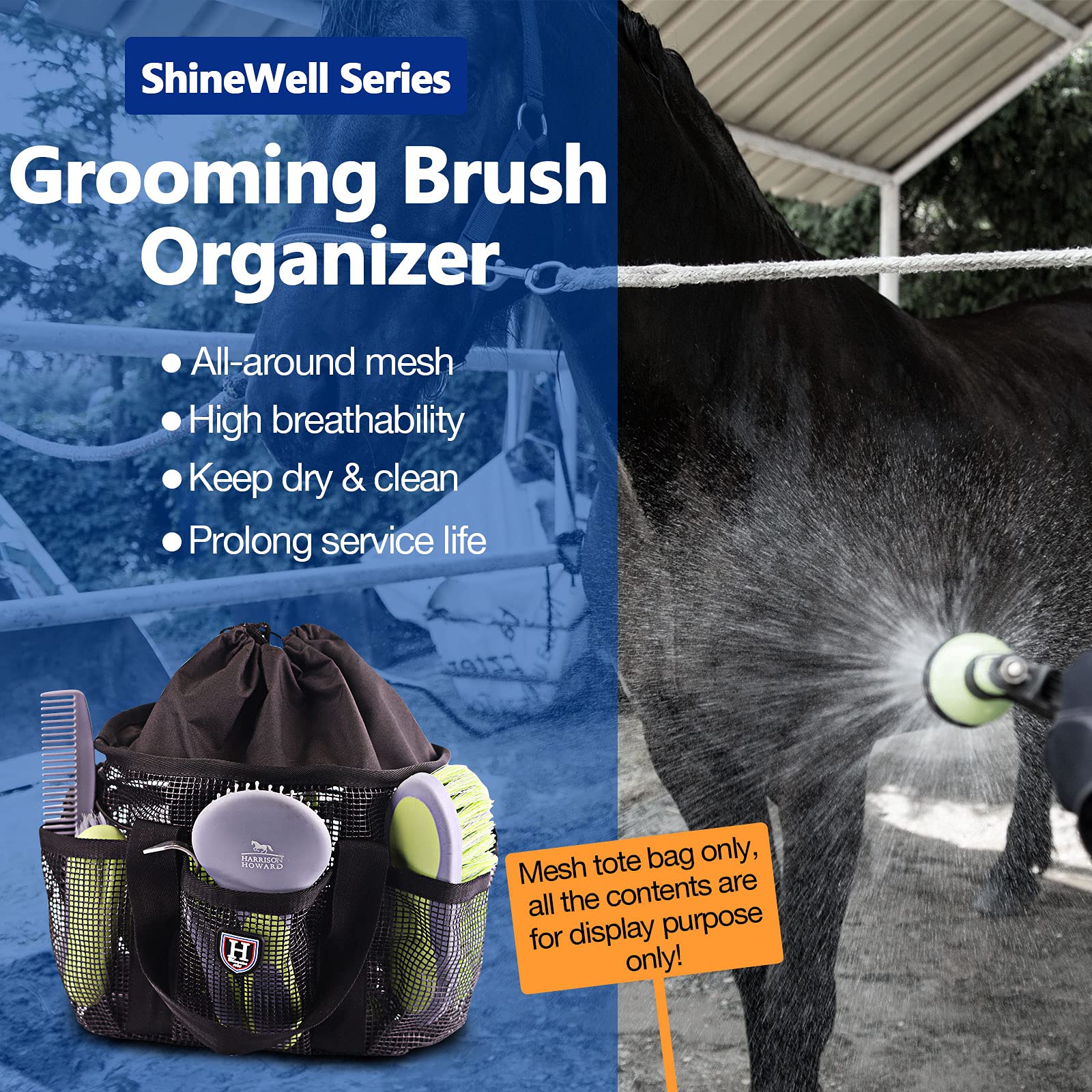 Harrison Howard Horse Grooming Kit 9-Piece Equine Care Series Horse Brush Sets With Organizer Tote Bag Black