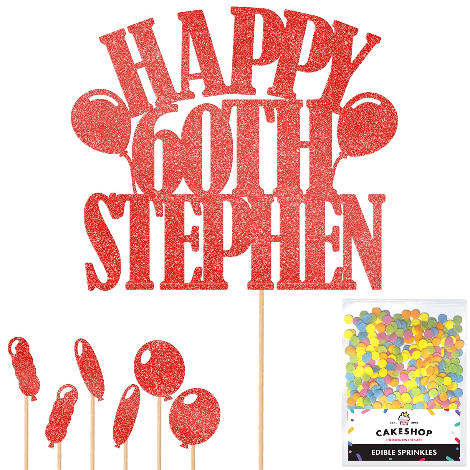 Personalised Happy Birthday Glitter Cake Topper with Balloons - Red Any Name Age Glitter Cake Decoration and Sprinkles - Happy Birthday Decorations - Personalised Toppers for Cakes by Cakeshop