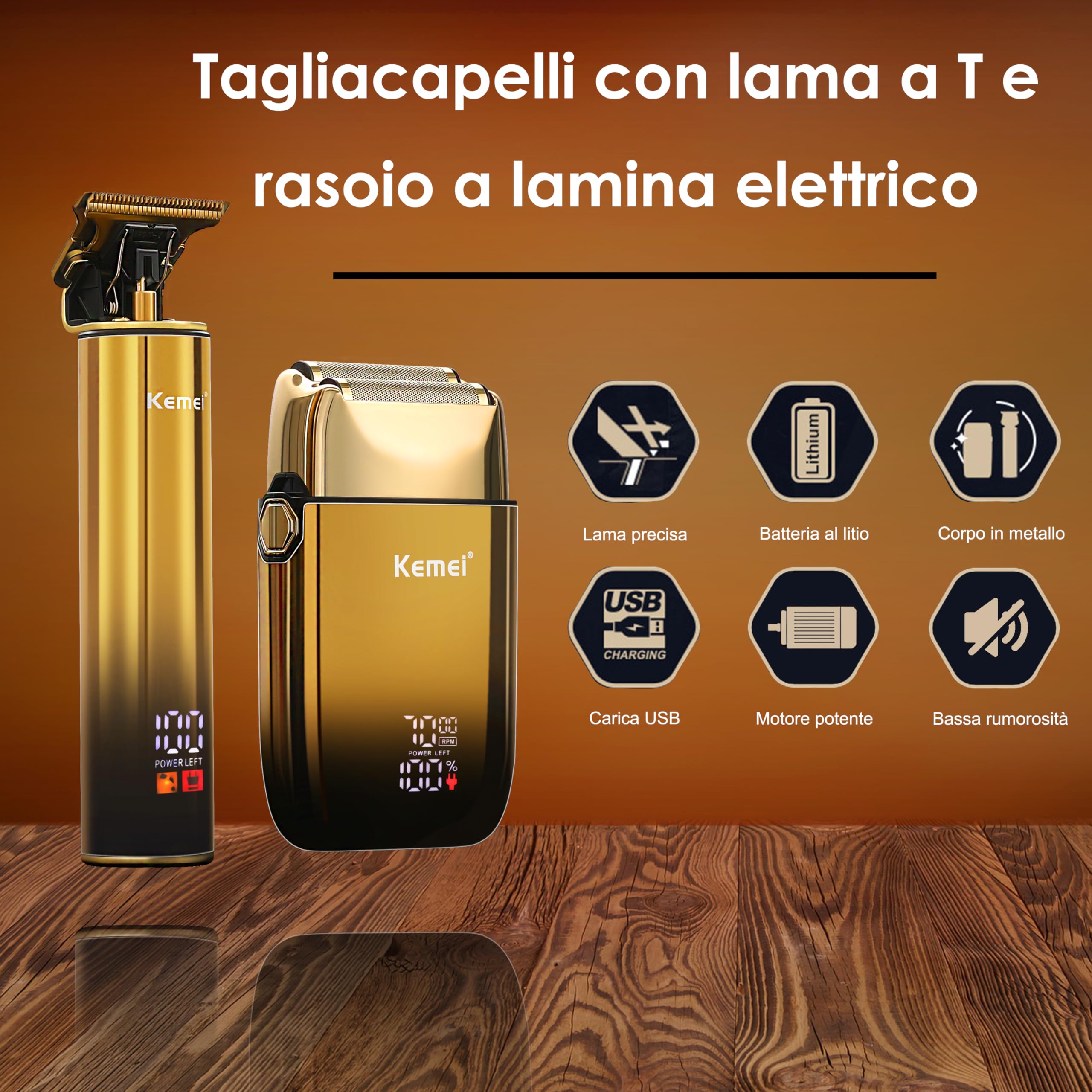 KEMEI Rasoio Elettrico a Lamina per Uomo con Doppia Lama Flessibile e Ricaricabile, Impermeabile, Dorato, Nero,Regali per la Festa Del Papà