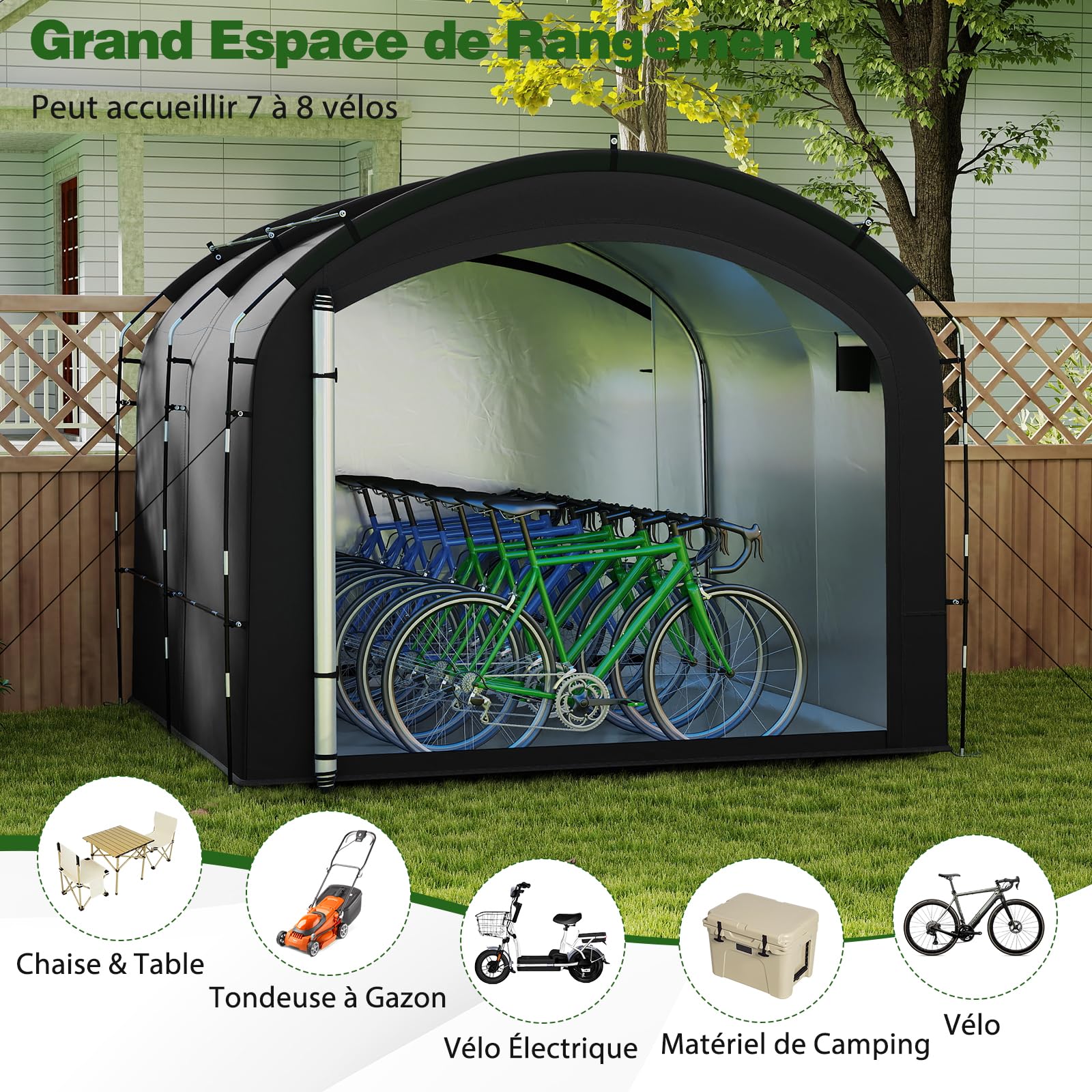 COSTWAY Abri de Rangement pour Vélos, Tente de Jardin Portable pour 8 Vélos avec Tissu Argenté Imperméable Porte Zippée Doubles Sac de Transport, Abri Extérieur pour Outils Jouets Motos