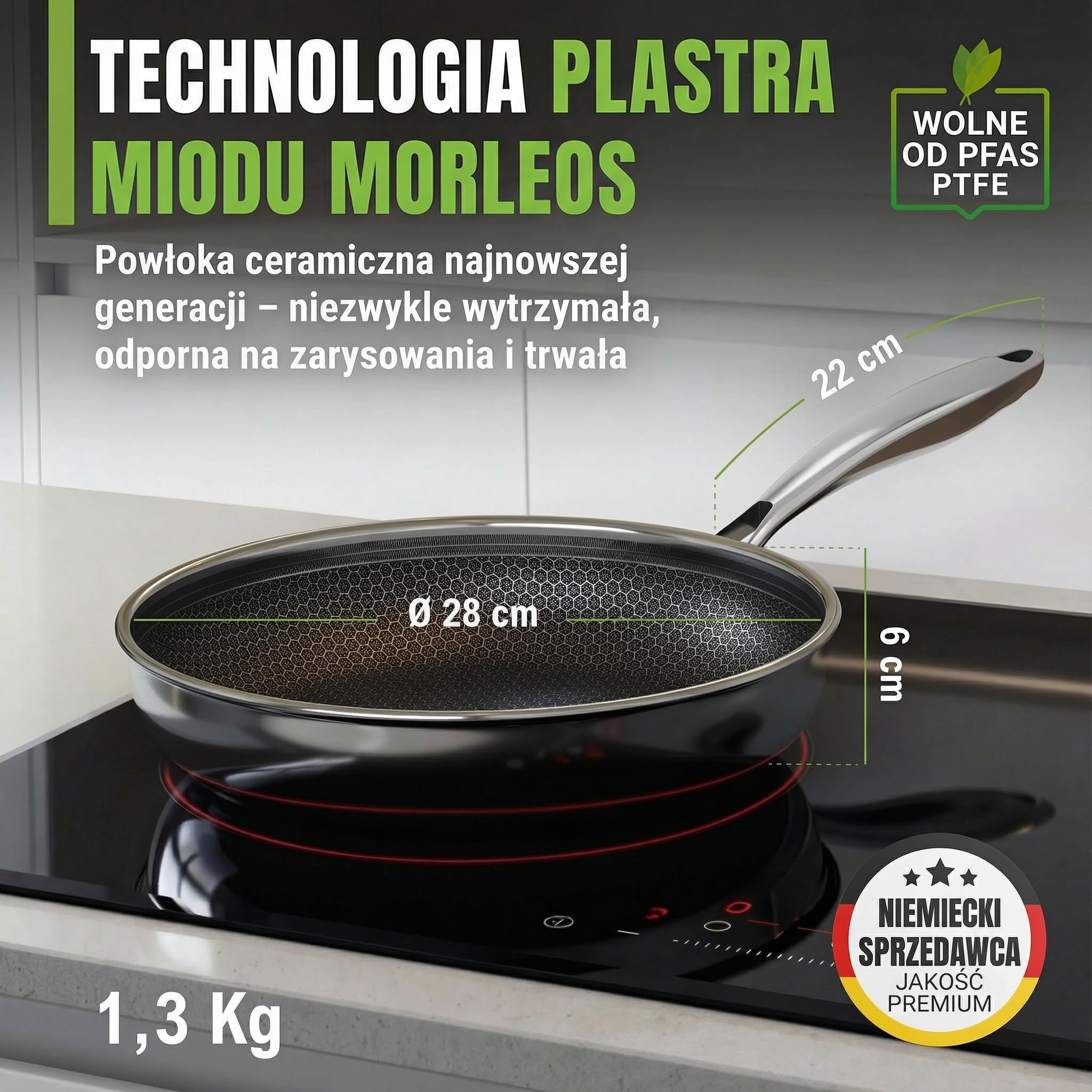 Patelnia o średnicy 28 cm, ceramiczna powłoka odporna na zarysowania | 5 warstw - 3 mm - 1,35 kg | indukcyjna, nie zawiera PFAS i PTFE | można używać w piekarniku w temperaturze do 250°C