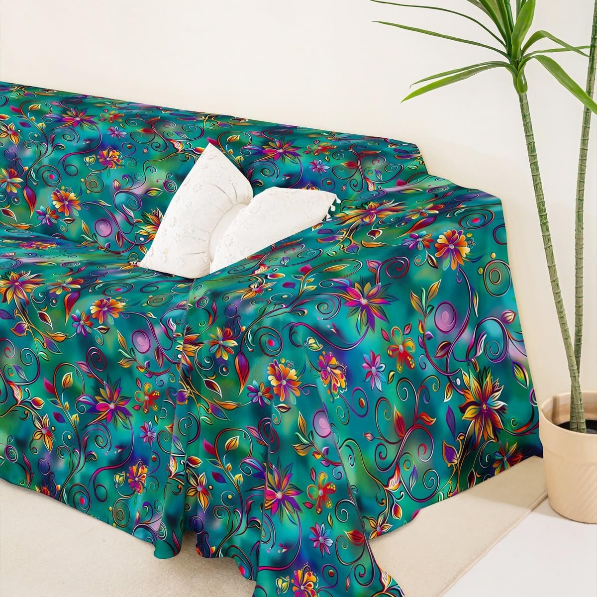 Erosebridal Victorian Girls Women Floral Teal Blue Ombre Couch Cover 91" x 118" | Bohemian Flowers Sofa Cover Paisley Boho Couch Protector Baroque Exotic Washable Sofa Slipcover