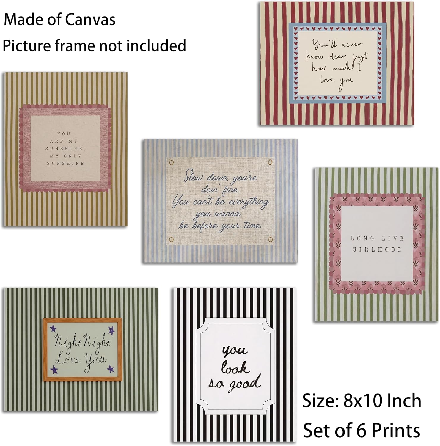 Zhfmoir Preppy Girlhood Canvas Wall Art Set of 6 Unframed 8x10 inch image 3