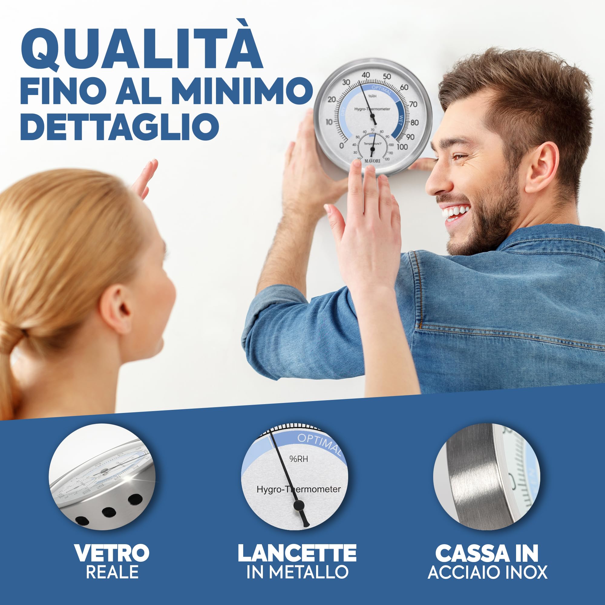 Igrometro analogico e termometro da interno 2 in 1 acciaio inox Ø 12,5 cm